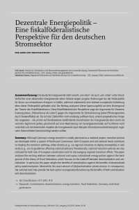 Dezentrale Energiepolitik – Eine fiskalföderalistische Perspektive für den deutschen Stromsektor