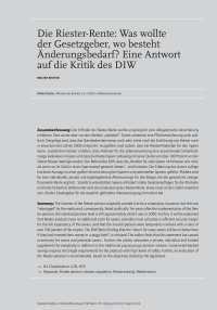 Die Riester-Rente: Was wollte der Gesetzgeber, wo besteht Änderungsbedarf Eine Antwort auf die Kritik des DIW