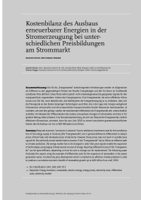 Kostenbilanz des Ausbaus erneuerbarer Energien in der Stromerzeugung bei unterschiedlichen Preisbildungen am Strommarkt