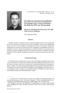 Zur Relevanz betriebswirtschaftlicher Forschung in der Corona-Pandemie: die Rolle der BWL als Wissenschaft