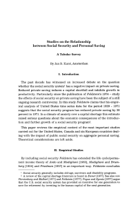 Studies on the Relationship between Social Security and Personal Saving. A Tabular Survey