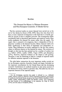 The Demand for Money in Thirteen European and Non-European Countries: A Tabular Survey