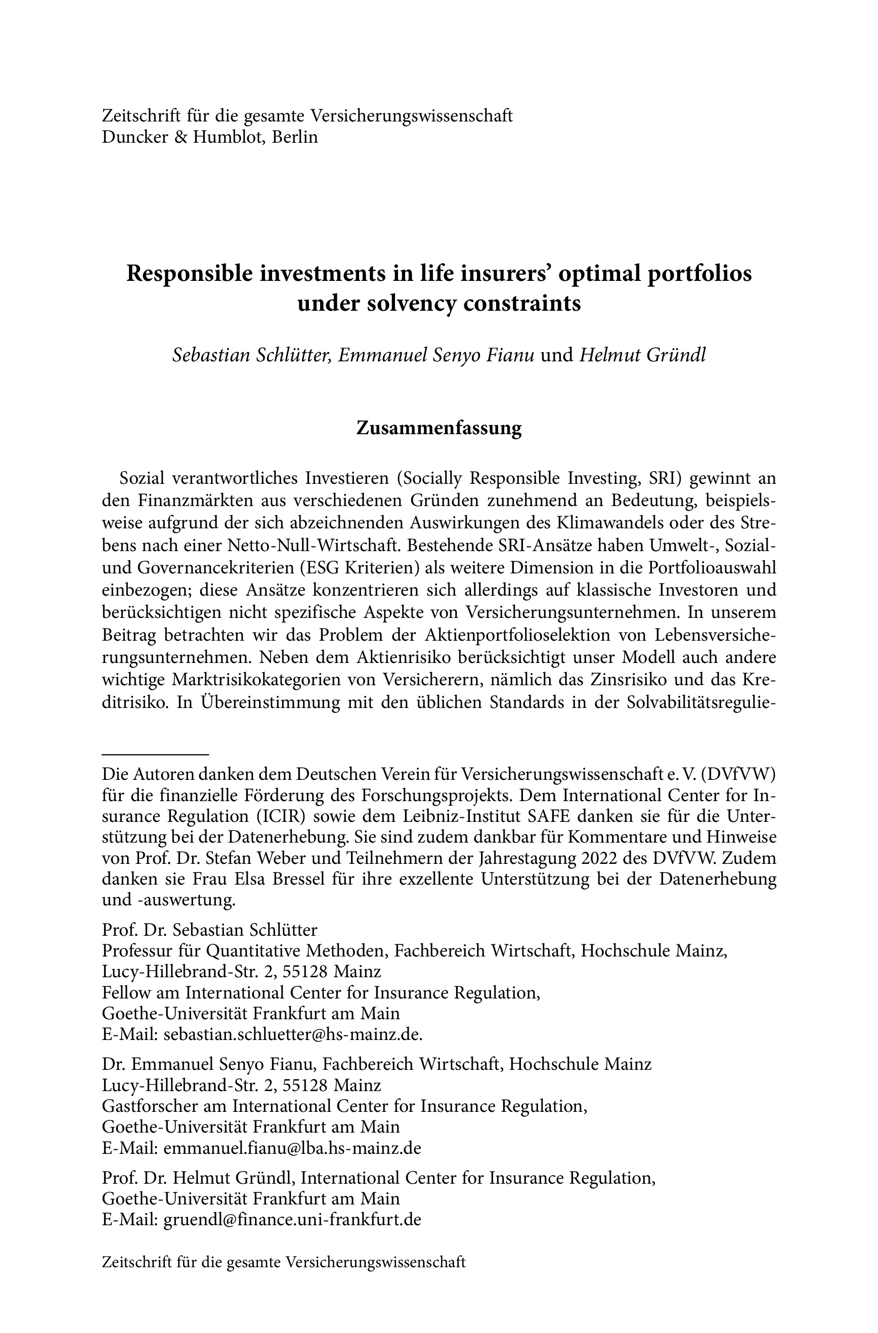 Responsible investments in life insurers’ optimal portfolios under solvency constraints