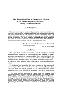 The Reservation Wage of Unemployed Persons in the Federal Republic of Germany: Theory and Empirical Tests