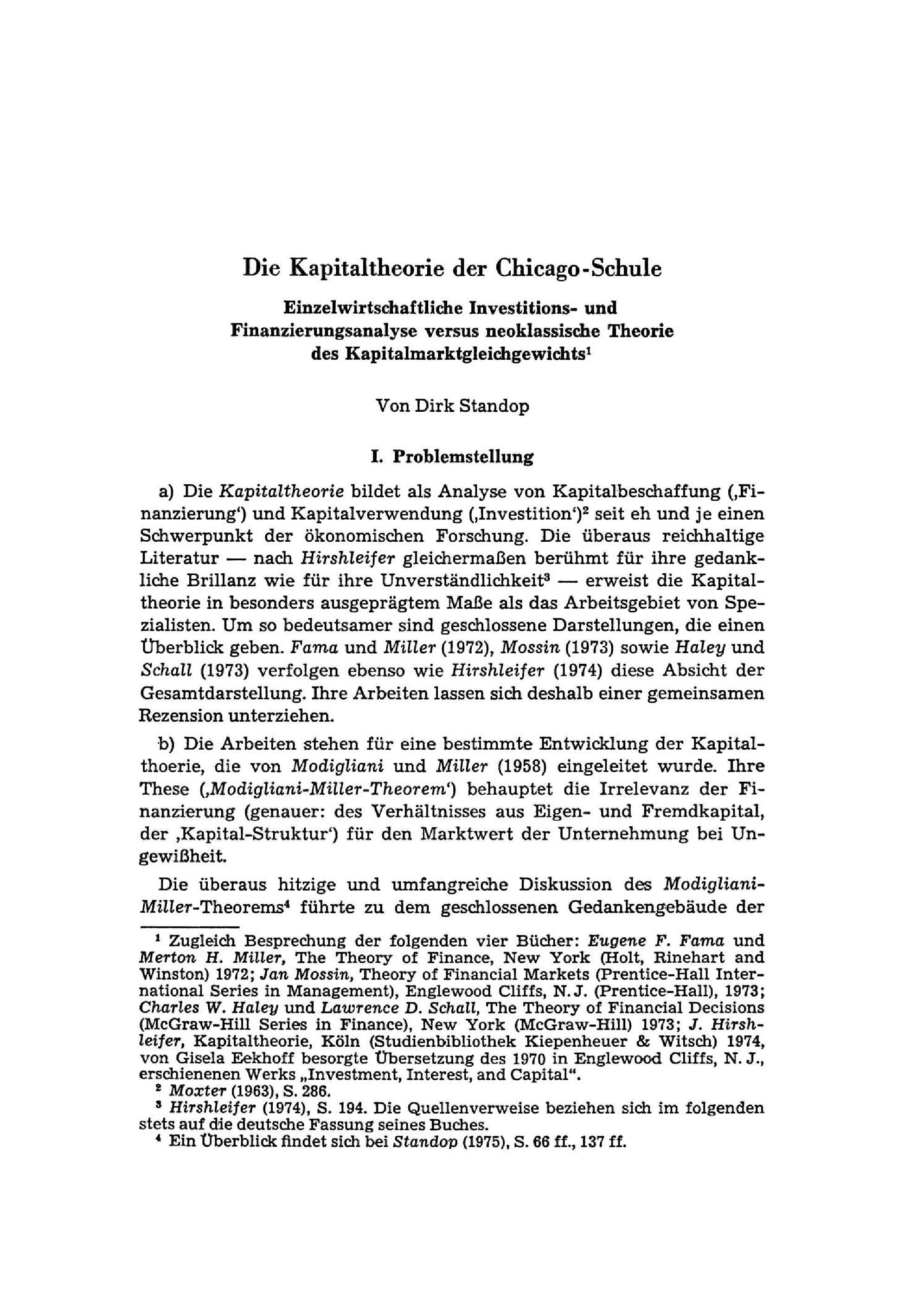 Die Kapitaltheorie der Chicago-Schule. Einzelwirtschaftliche Investitions- und Finanzierungsanalyse versus neoklassische Theorie des Kapitalmarktgleichgewichts