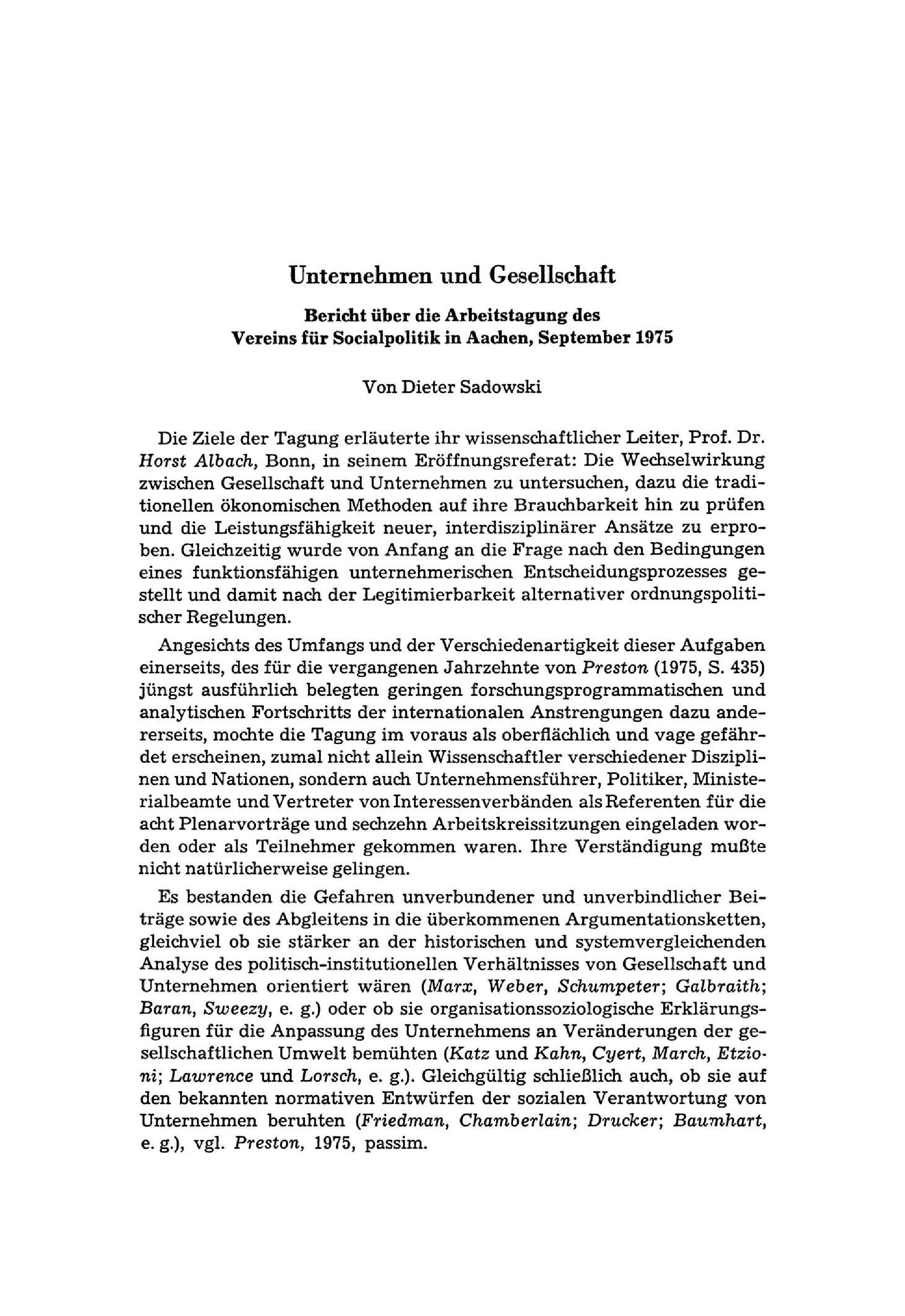 Unternehmen und Gesellschaft. Bericht über die Arbeitstagung des Vereins für Socialpclitik in Aachen, September 1975