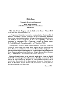 Mitteilung “Economic Growth and Resources”. Fifth World Congress of the International Economic Association (Tokyo, 1977)