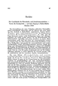 Die Gesellschaft für Wirtschafts- und Sozialwissenschaften — Verein für Socialpolitik — auf ihrer Tagung in Baden-Baden Oktober 1958
