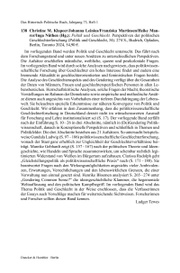 Christine M. Klapeer/Johanna Leinius/Franziska Martinsen/Heike Maurer/Inga Nüthen (Hg.): Politik und Geschlecht. Perspektiven der politischen Geschlechterforschung (Politik und Geschlecht, 34).