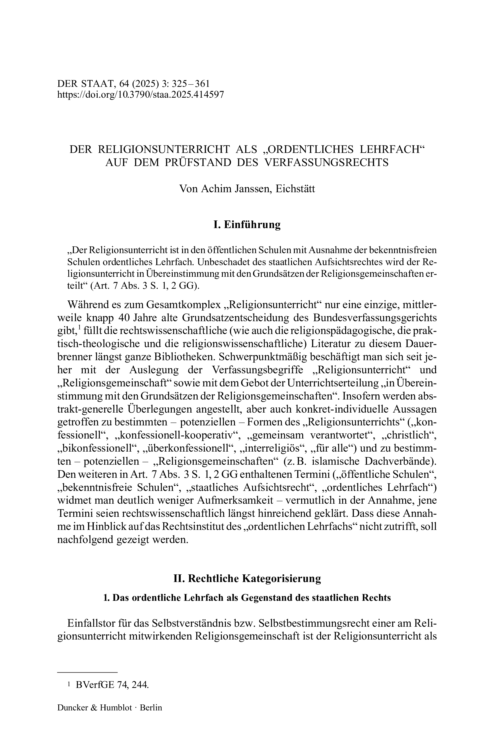 Der Religionsunterricht als „ordentliches Lehrfach“ auf dem Prüfstand des Verfassungsrechts