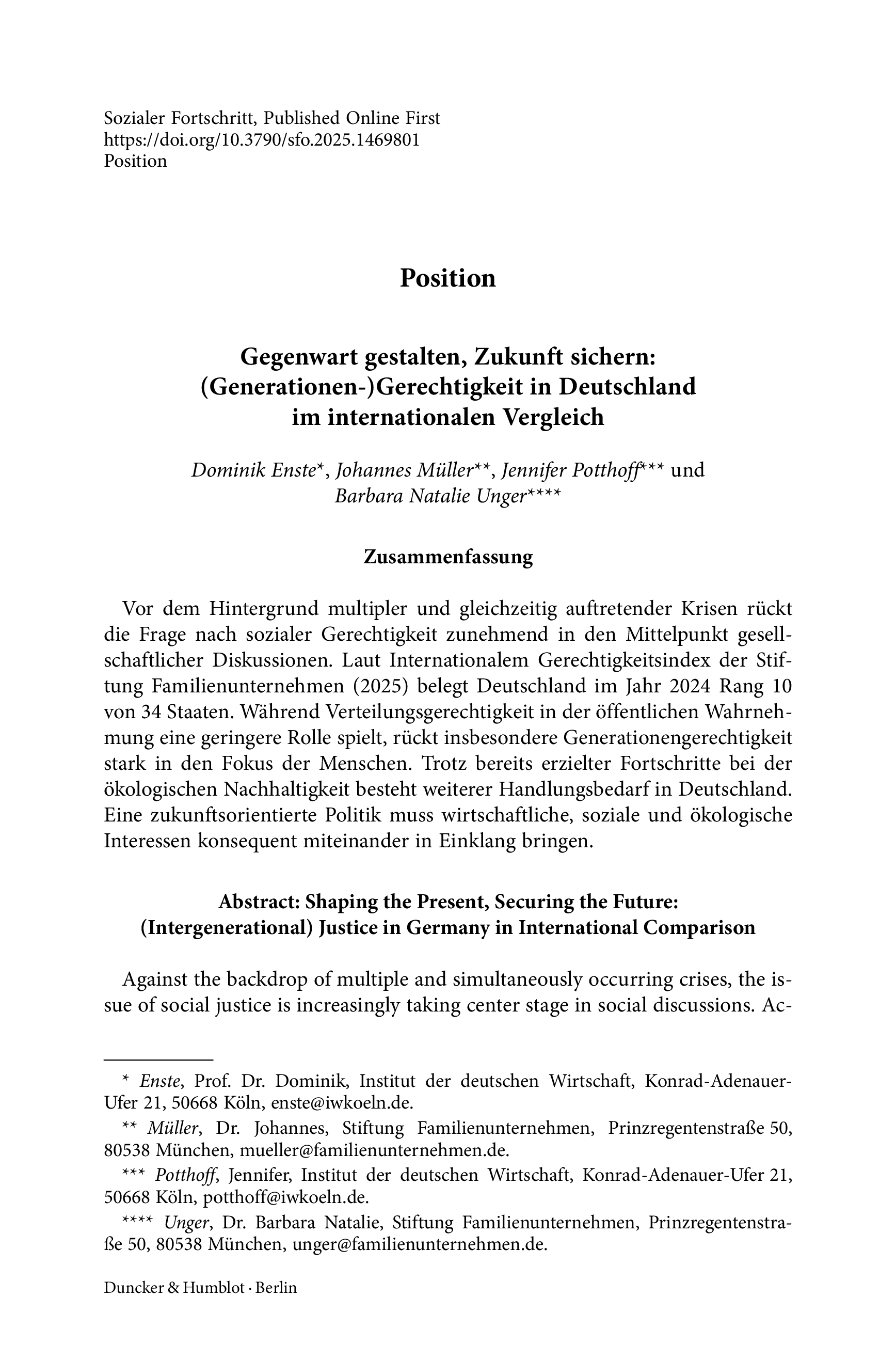 Gegenwart gestalten, Zukunft sichern: (Generationen-)Gerechtigkeit in Deutschland im internationalen Vergleich