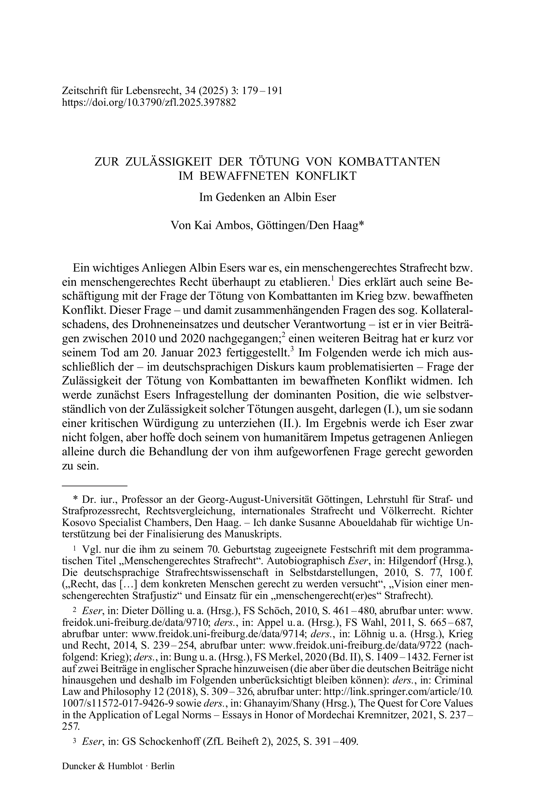 Zur Zulässigkeit der Tötung von Kombattanten im bewaffneten Konflikt