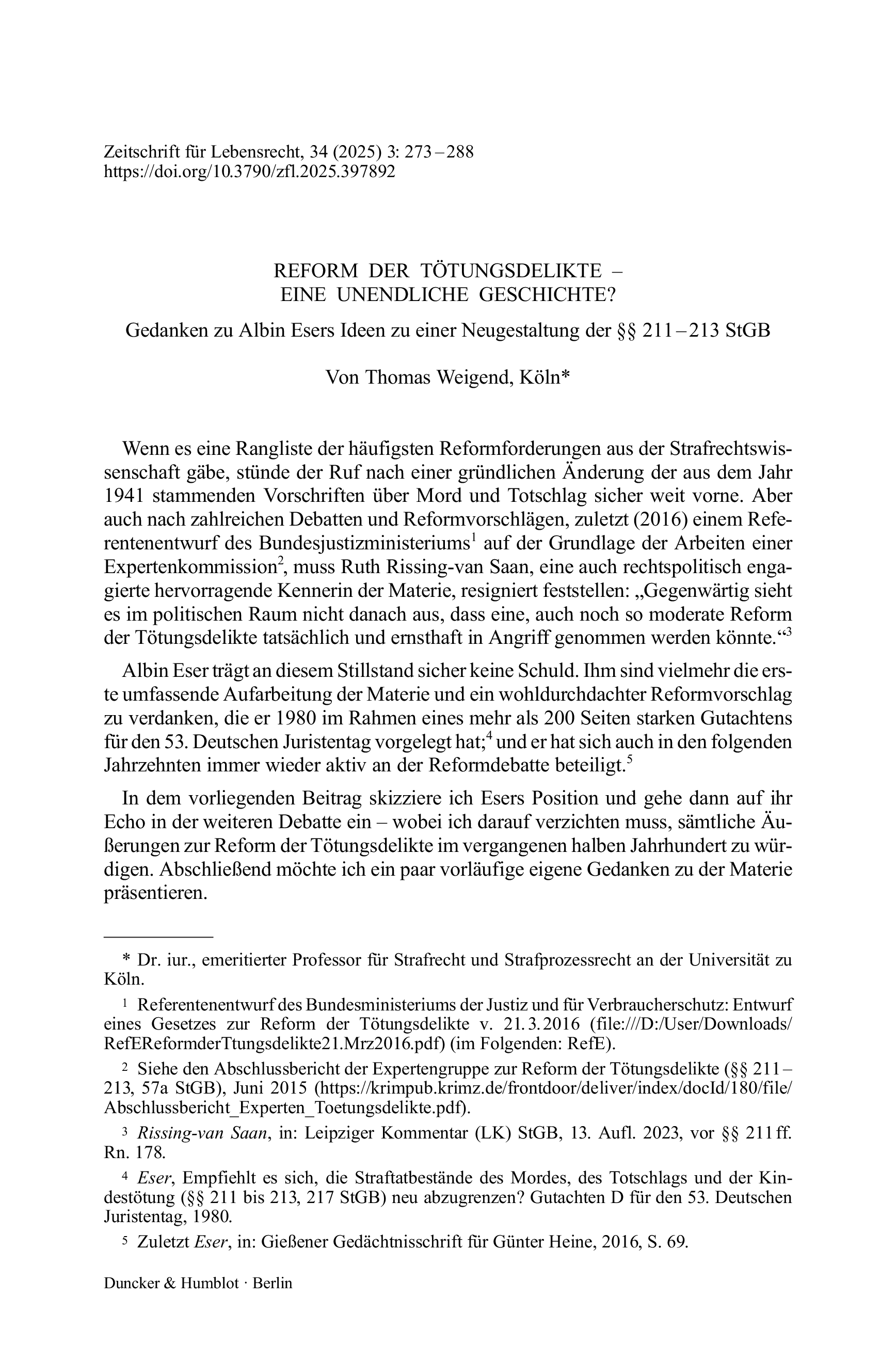 Reform der Tötungsdelikte – Eine unendliche Geschichte?