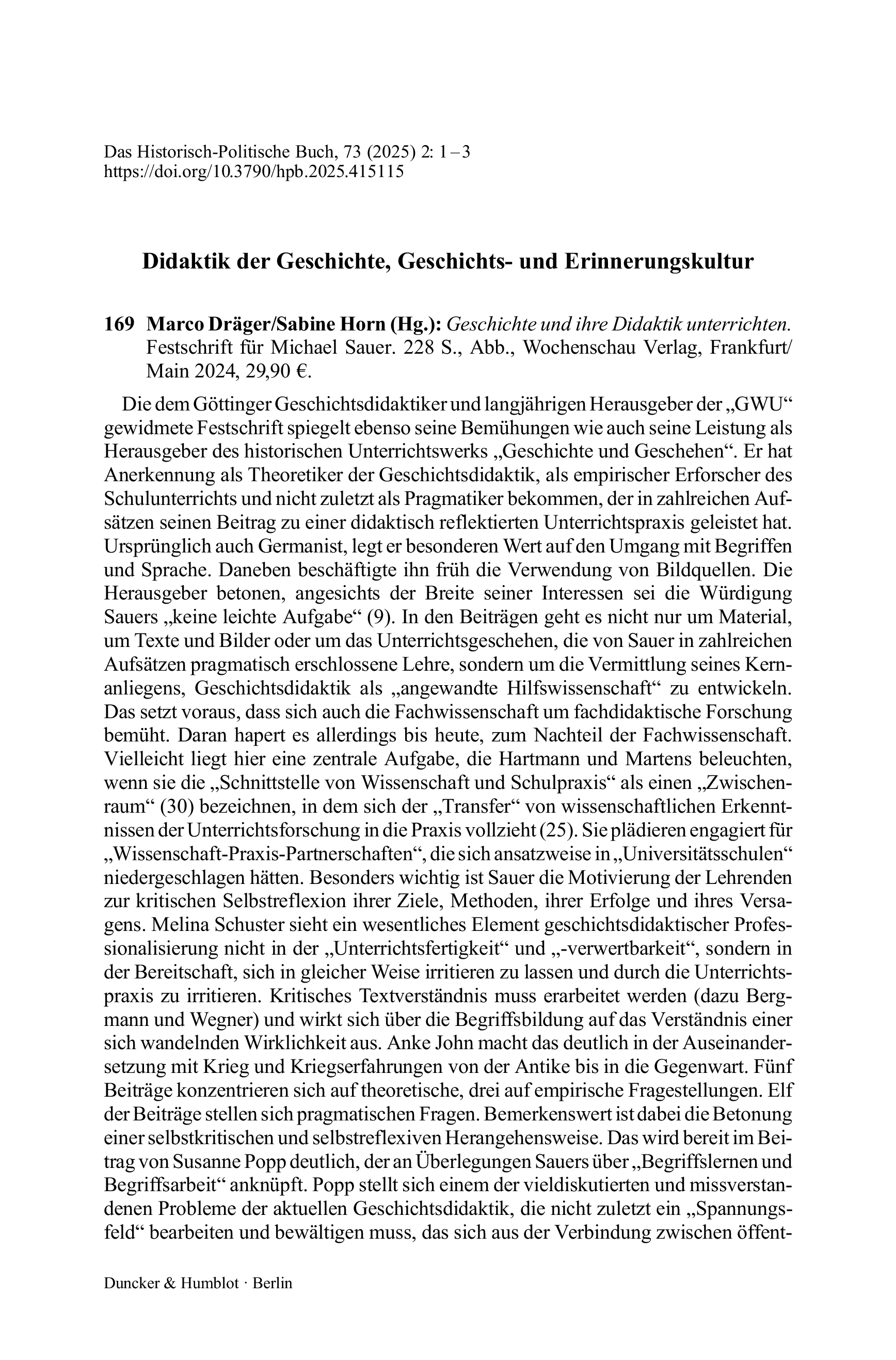 Marco Dräger/Sabine Horn (Hg.): Geschichte und ihre Didaktik unterrichten. Festschrift für Michael Sauer.