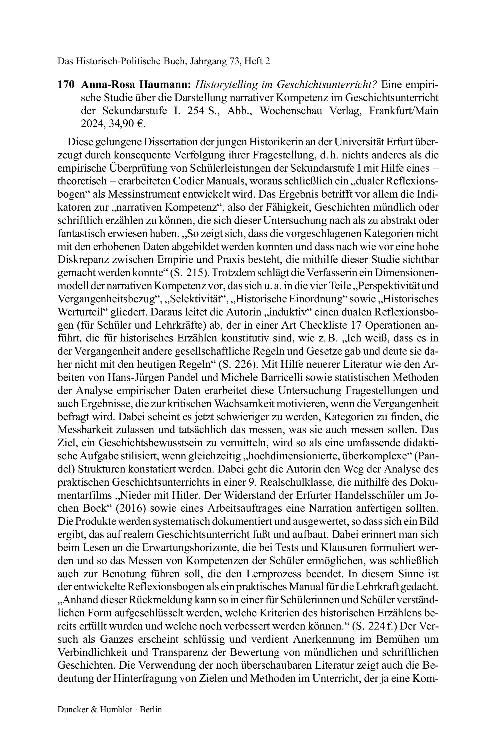 Anna-Rosa Haumann: Historytelling im Geschichtsunterricht? Eine empirische Studie über die Darstellung narrativer Kompetenz im Geschichtsunterricht der Sekundarstufe I.