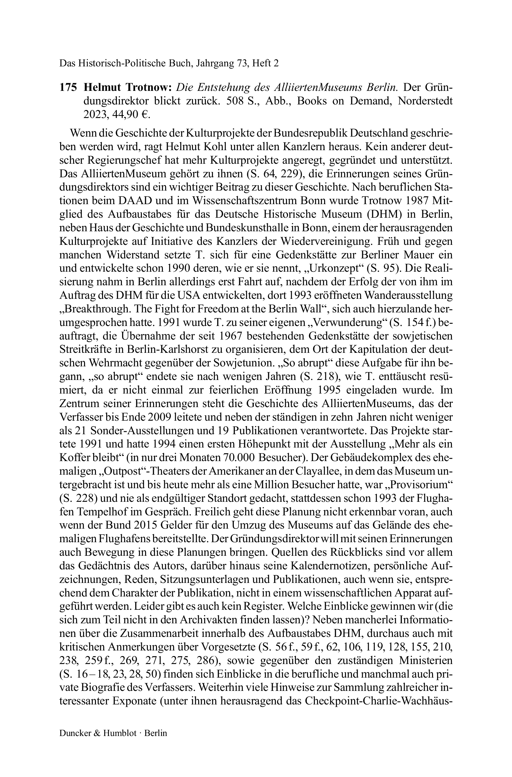 Helmut Trotnow: Die Entstehung des AlliiertenMuseums Berlin. Der Gründungsdirektor blickt zurück.