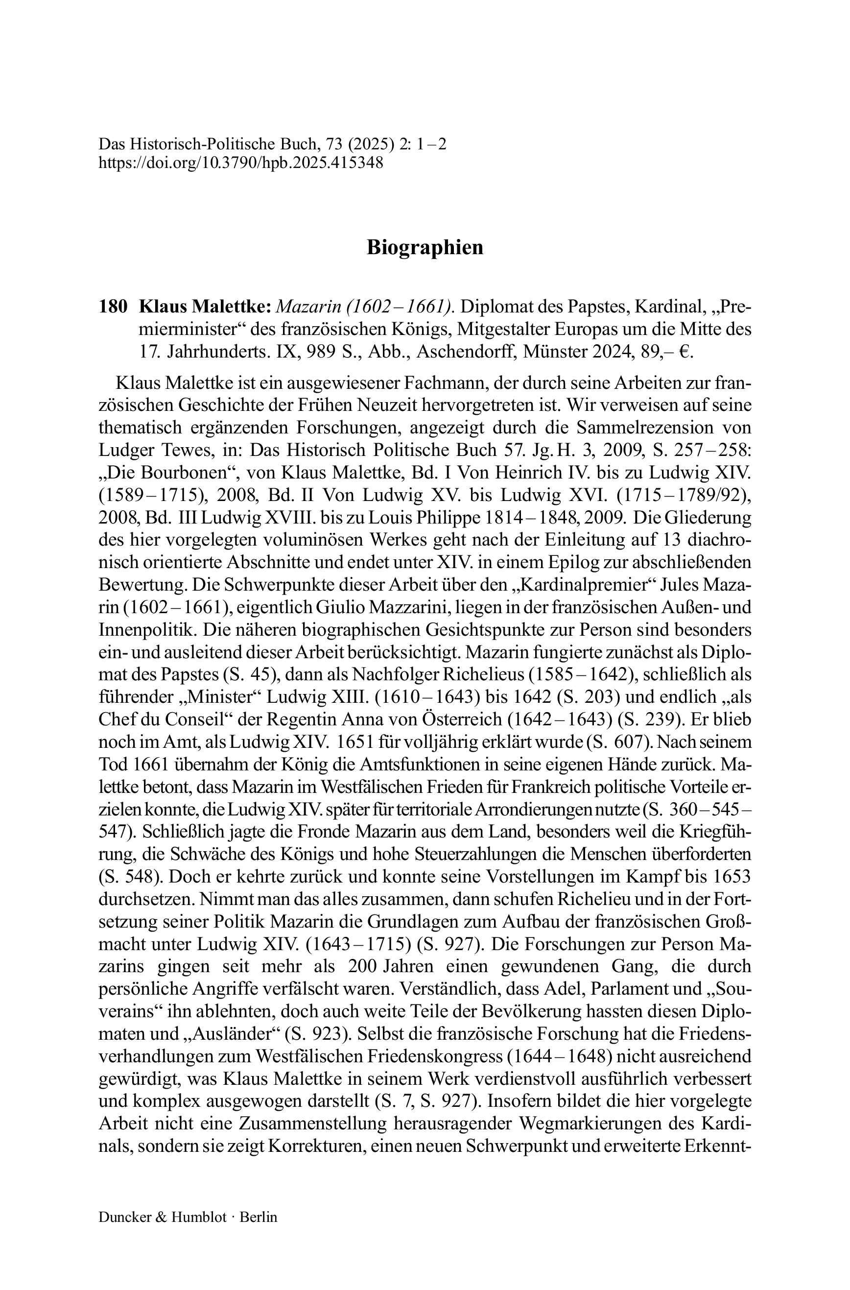 Klaus Malettke: Mazarin (1602 – 1661). Diplomat des Papstes, Kardinal, „Premierminister“ des französischen Königs, Mitgestalter Europas um die Mitte des 17. Jahrhunderts. IX,