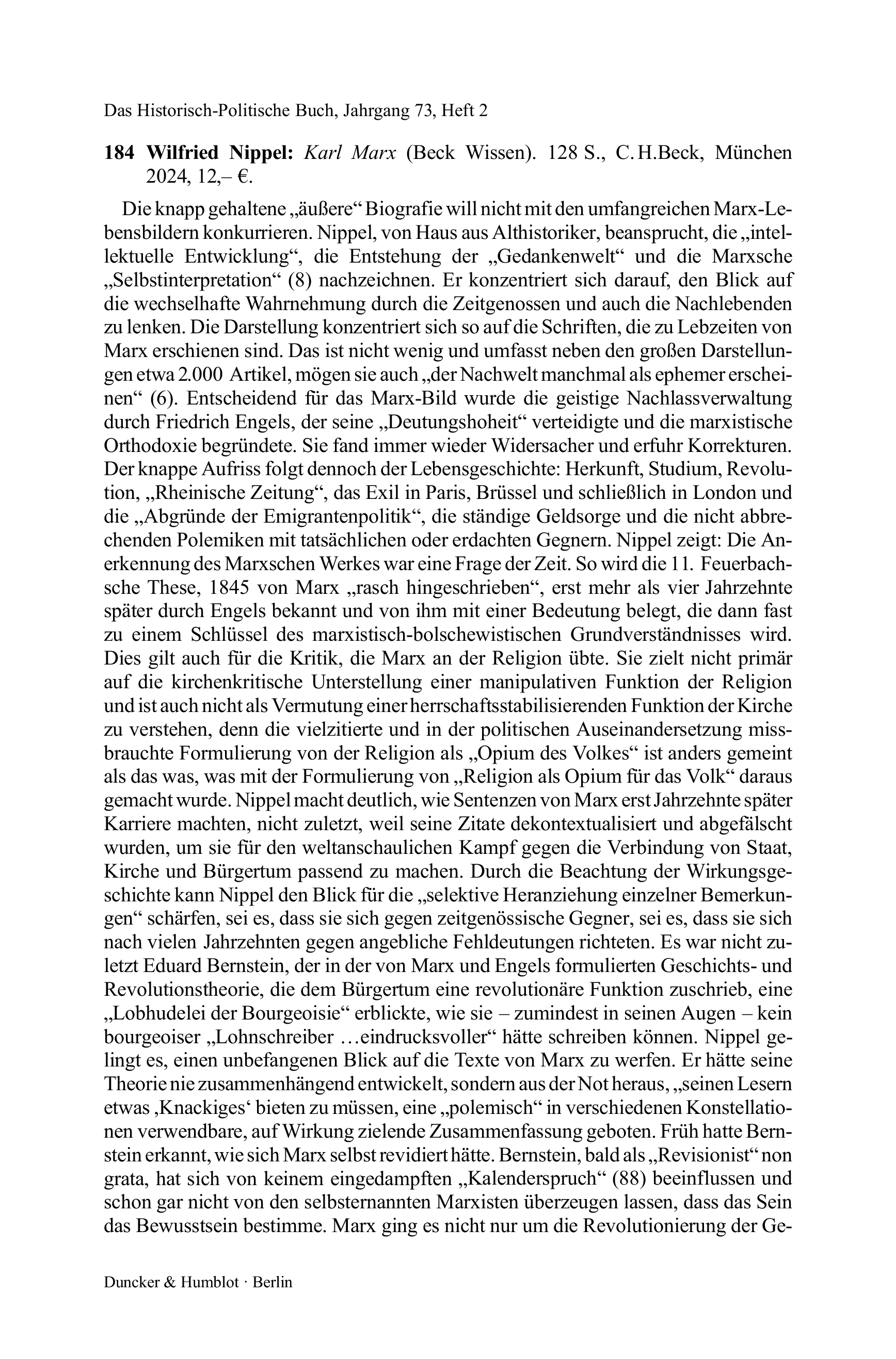 Wilfried Nippel: Karl Marx (Beck Wissen).