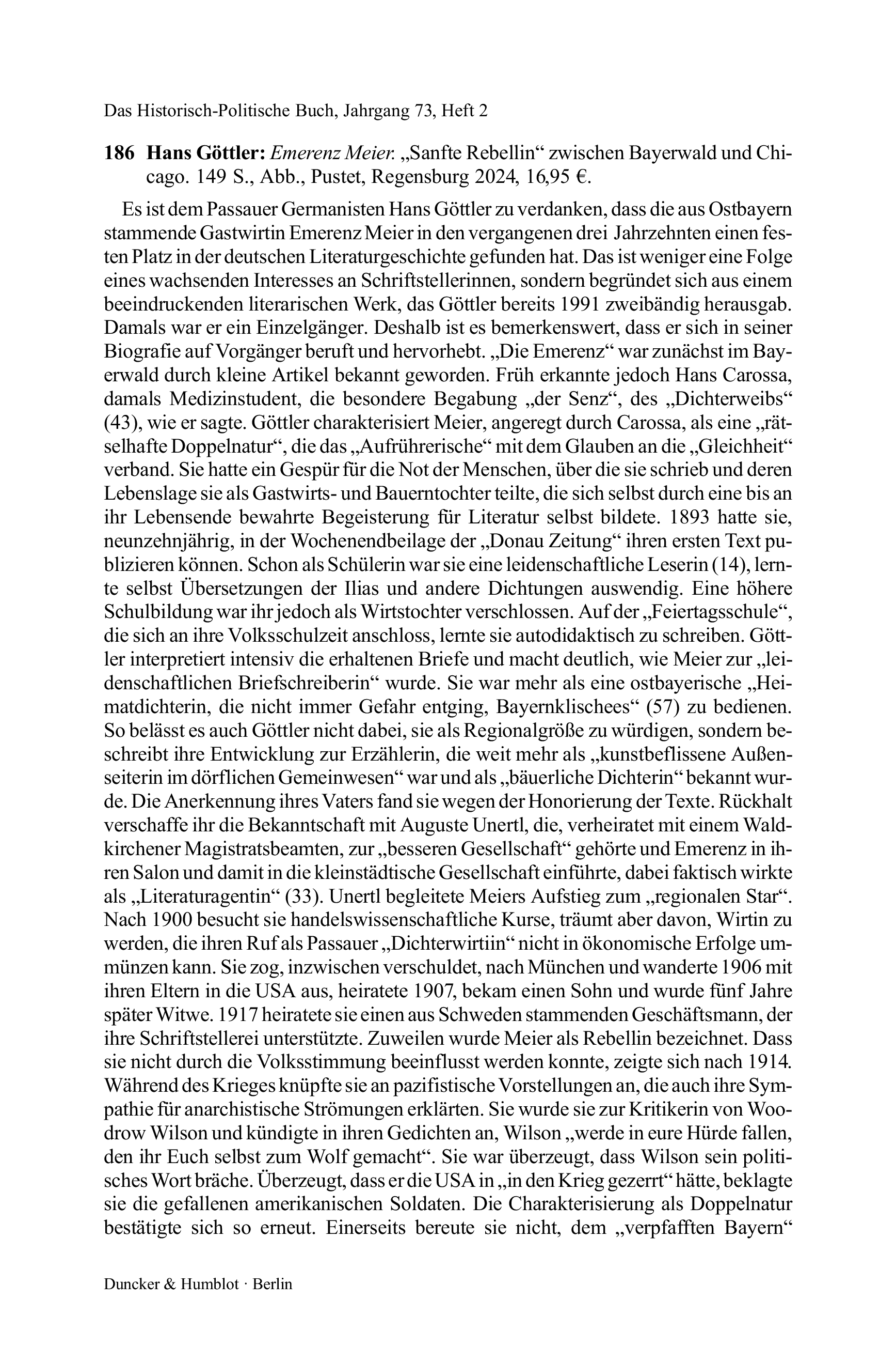 Hans Göttler: Emerenz Meier. „Sanfte Rebellin“ zwischen Bayerwald und Chicago.
