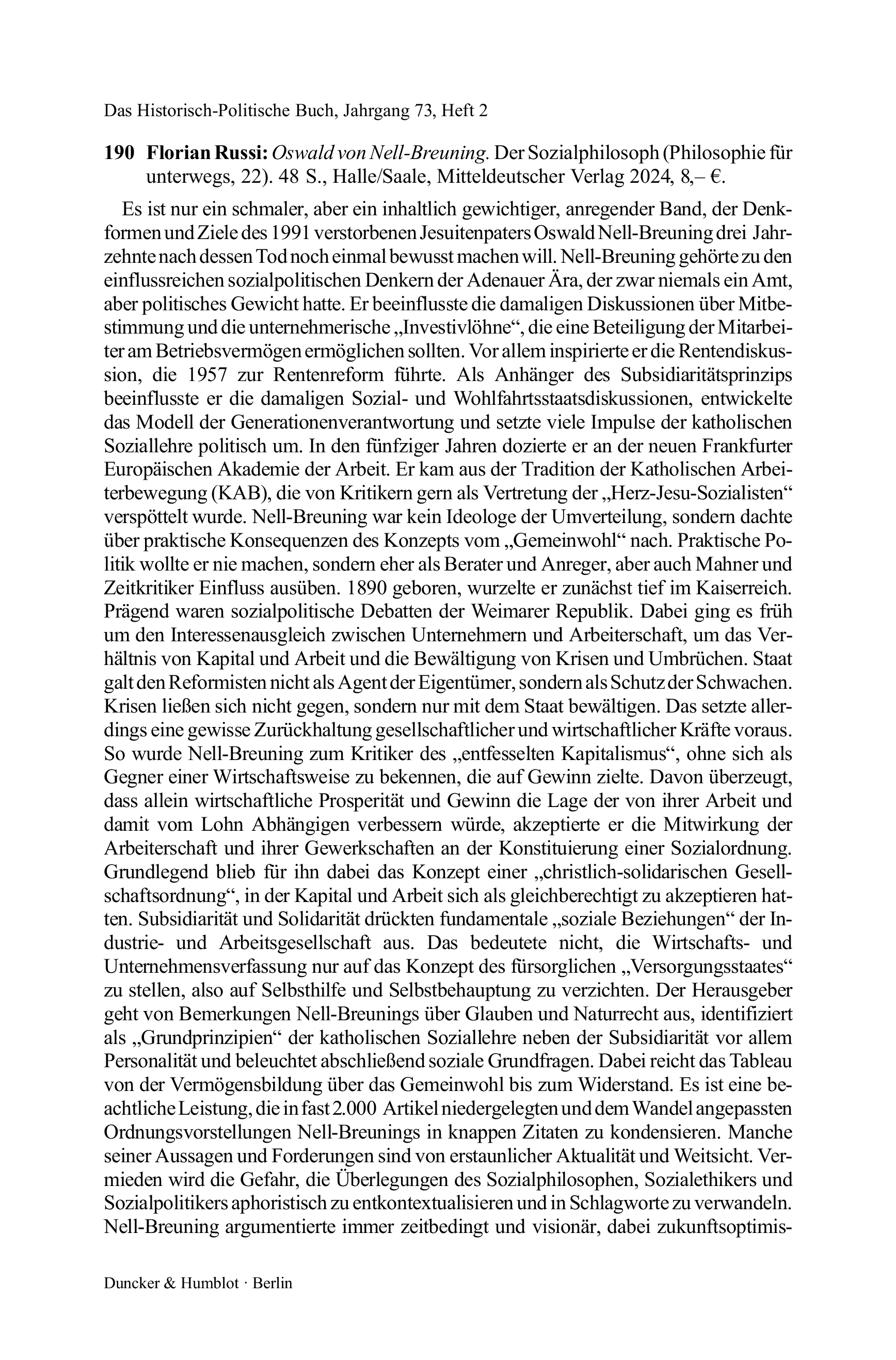 Florian Russi: Oswald von Nell-Breuning. Der Sozialphilosoph (Philosophie für unterwegs, 22).