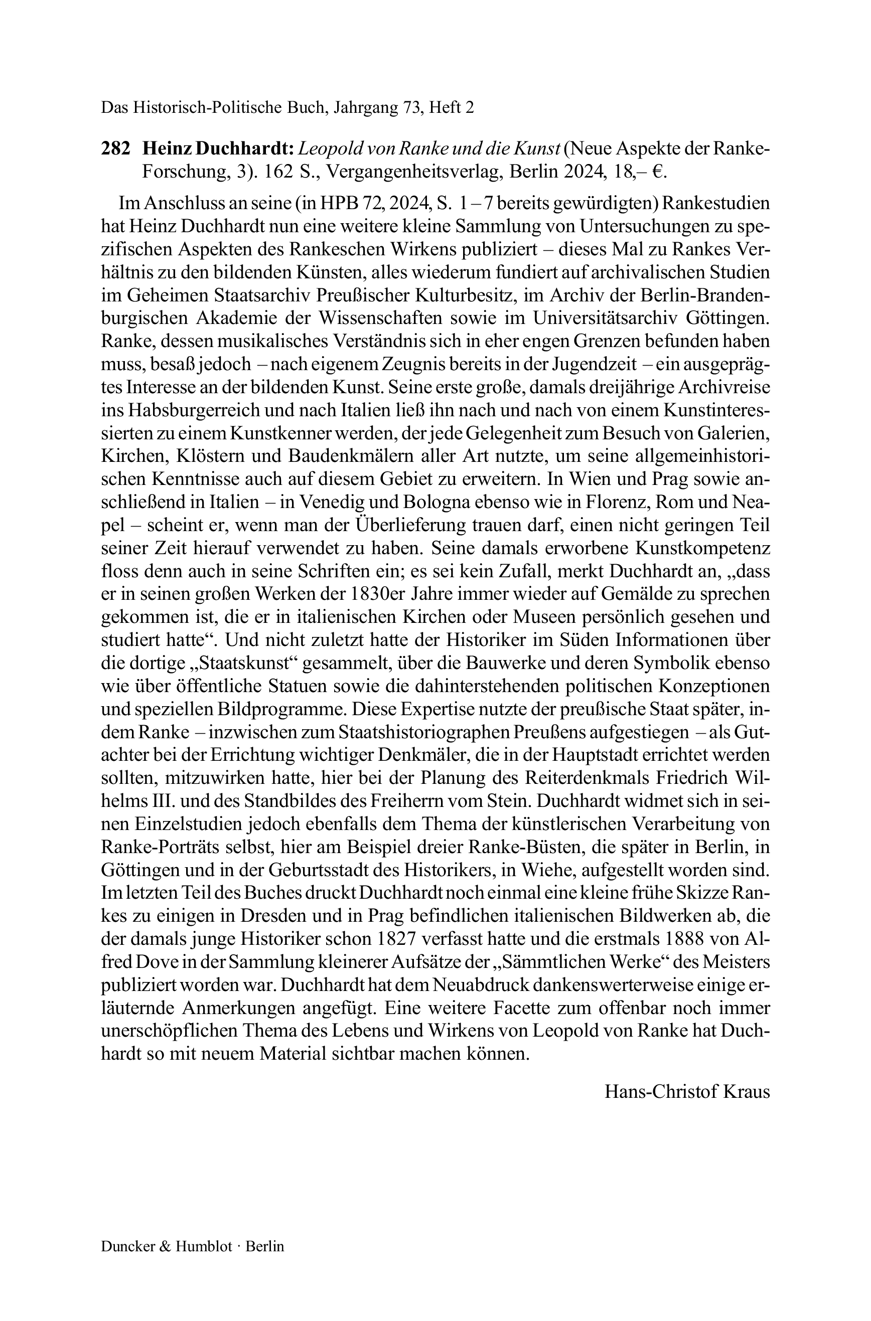 Heinz Duchhardt: Leopold von Ranke und die Kunst (Neue Aspekte der Ranke-Forschung, 3).