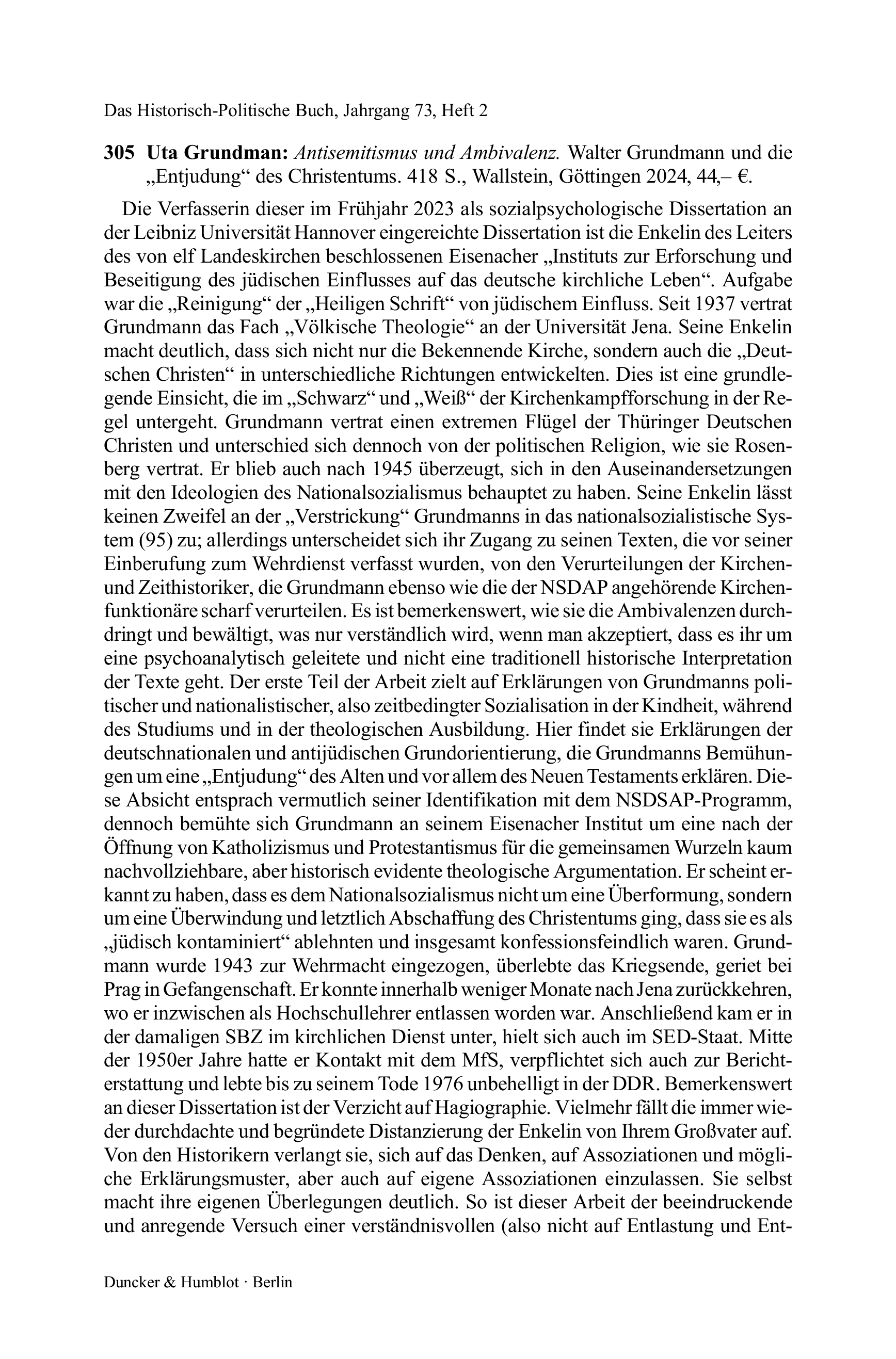 Uta Grundman: Antisemitismus und Ambivalenz. Walter Grundmann und die „Entjudung“ des Christentums.