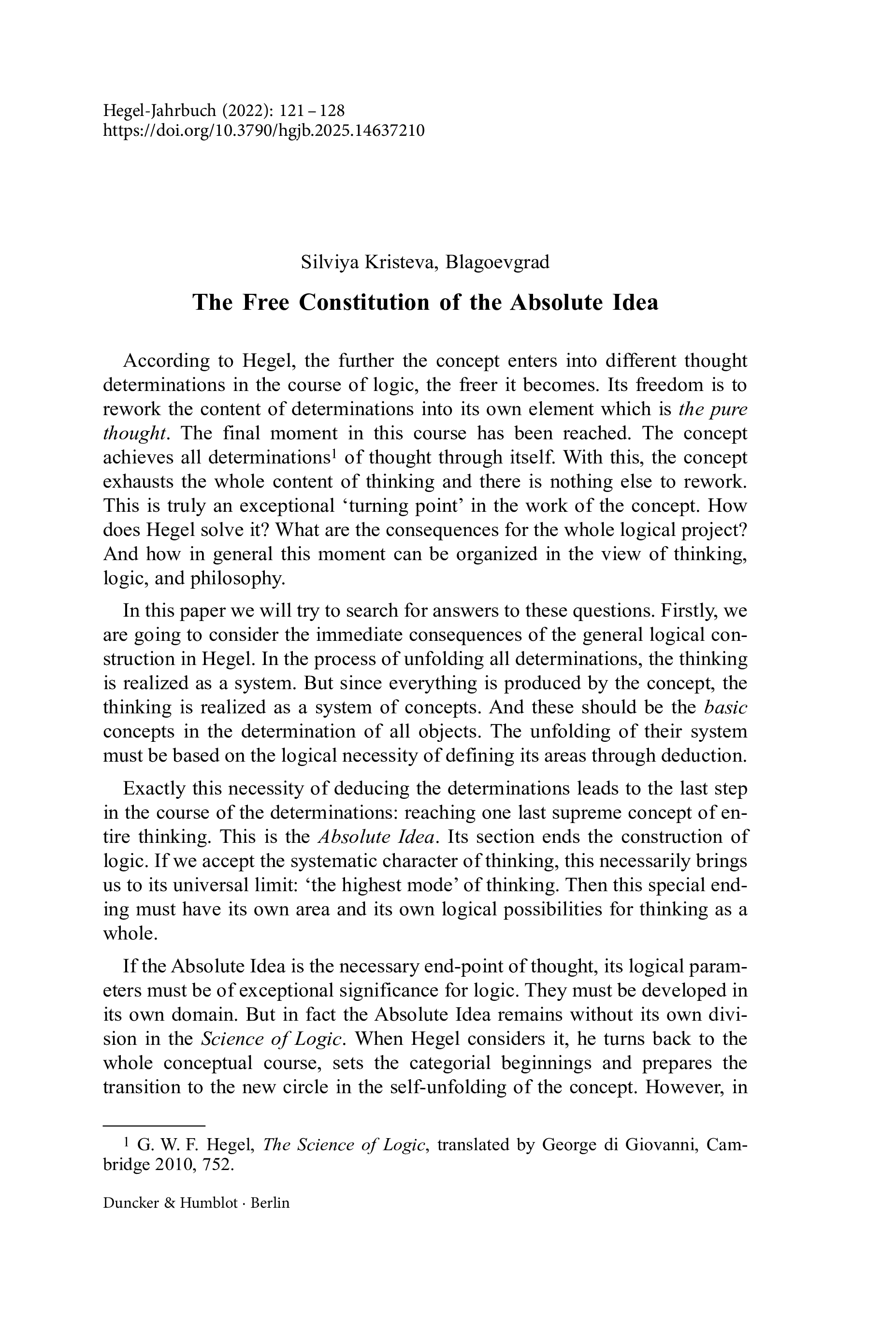 The Free Constitution of the Absolute Idea