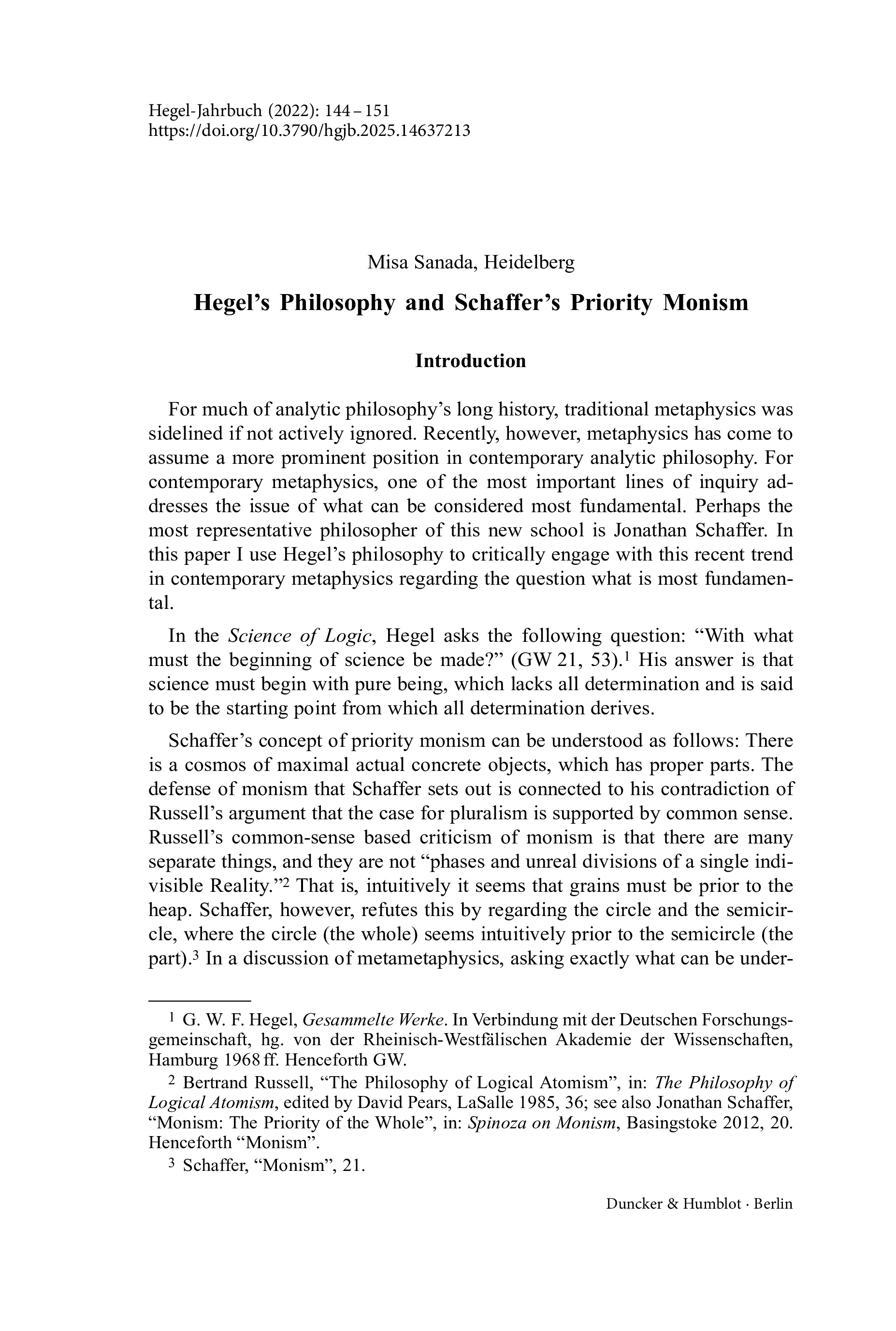 Hegel’s Philosophy and Schaffer’s Priority Monism