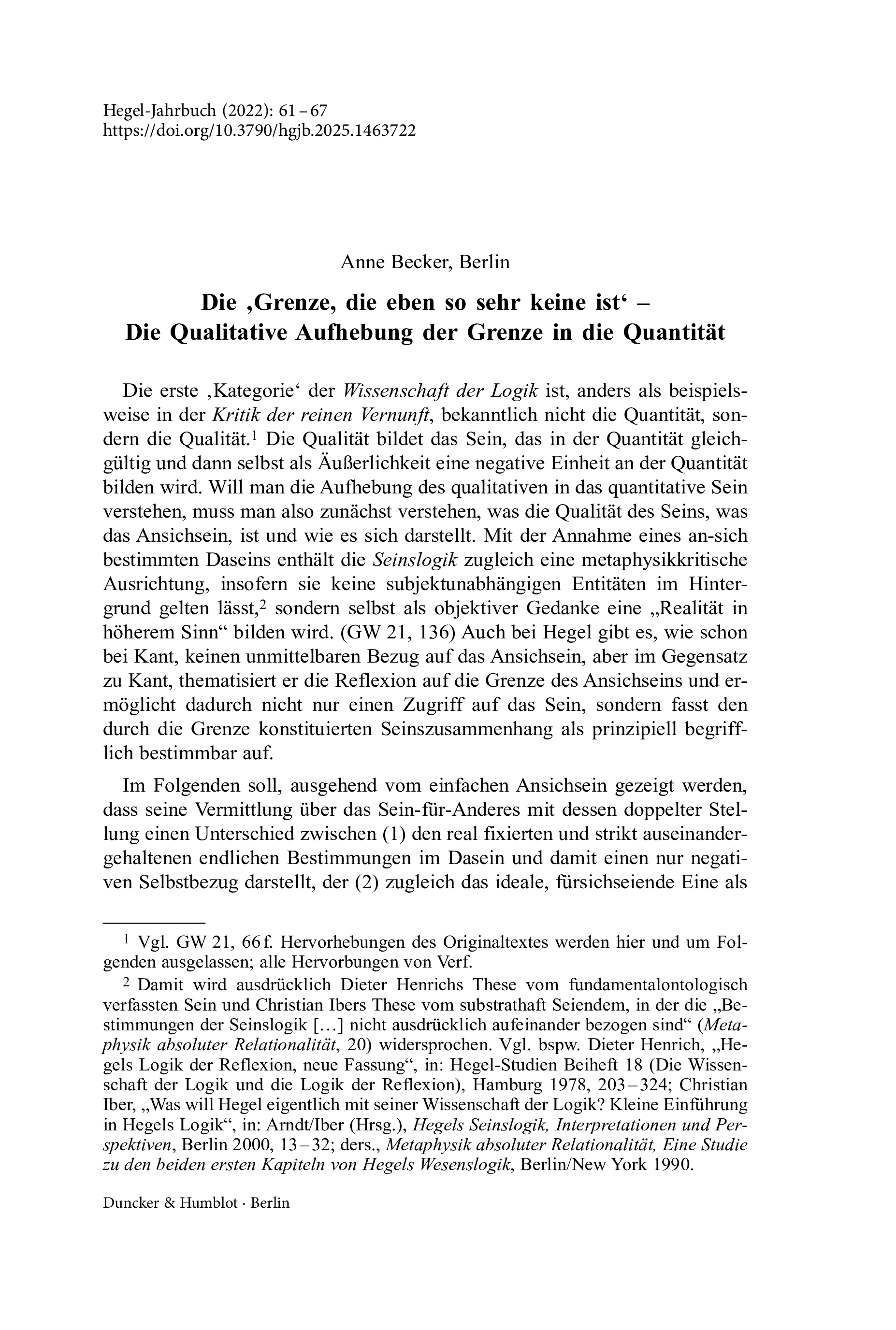 Die ‚Grenze, die eben so sehr keine ist‘ – Die Qualitative Aufhebung der Grenze in die Quantität