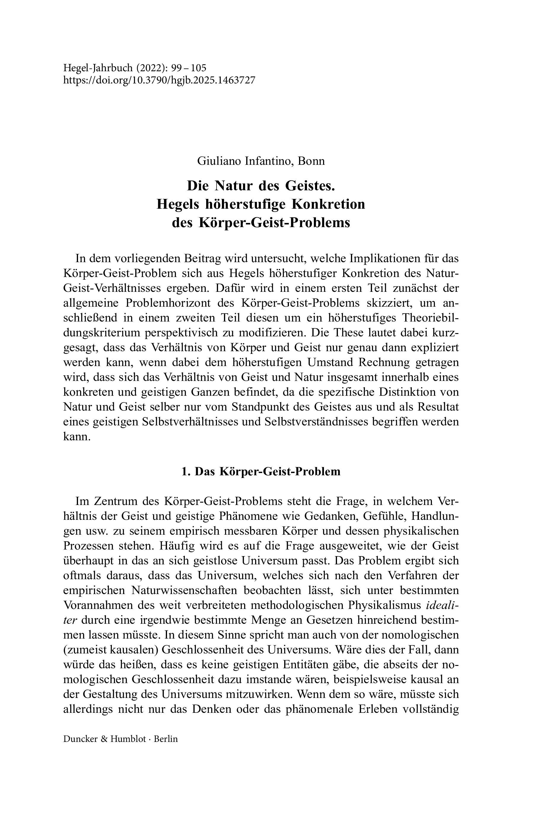 Die Natur des Geistes. Hegels höherstufige Konkretion des Körper-Geist-Problems