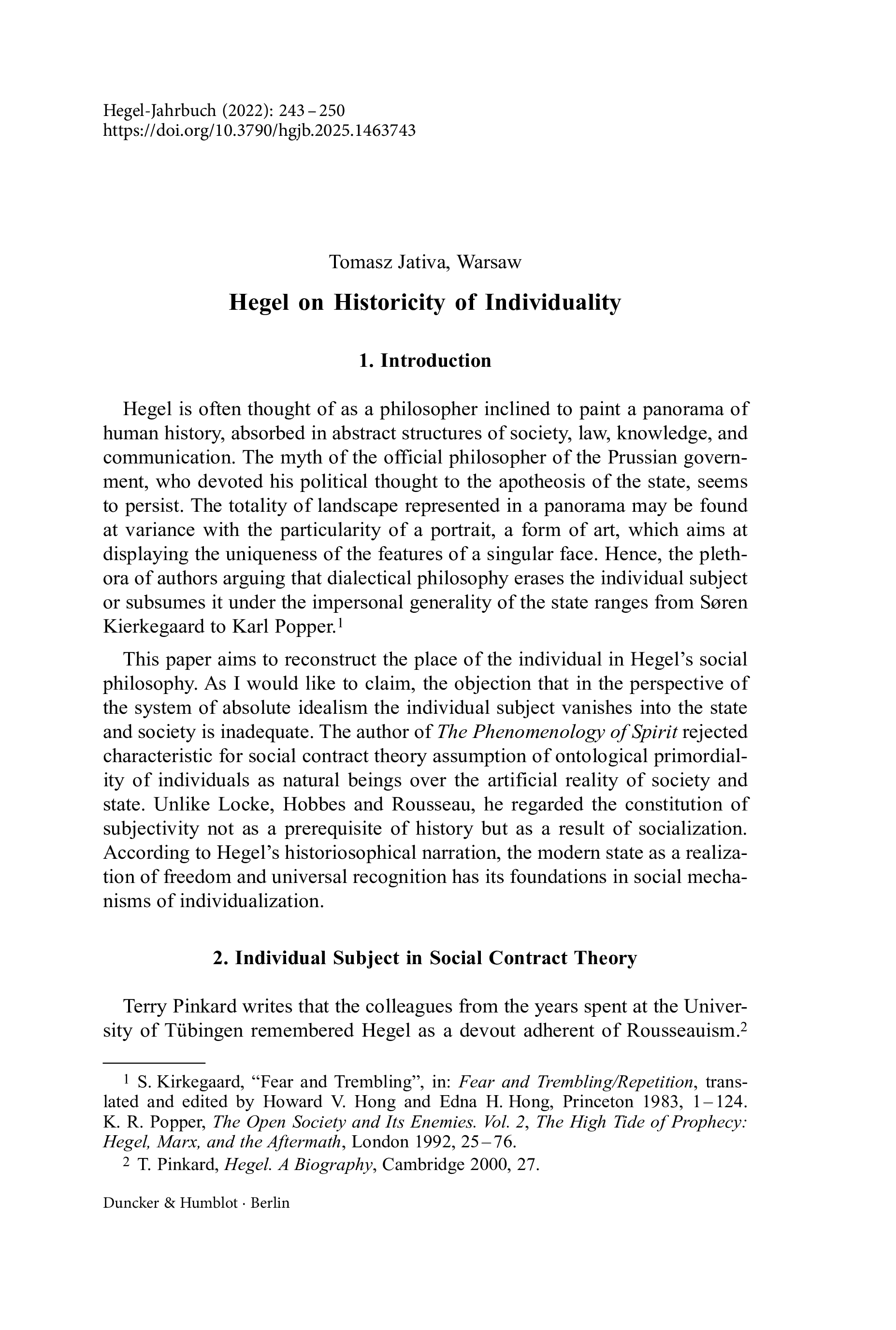 Hegel on Historicity of Individuality