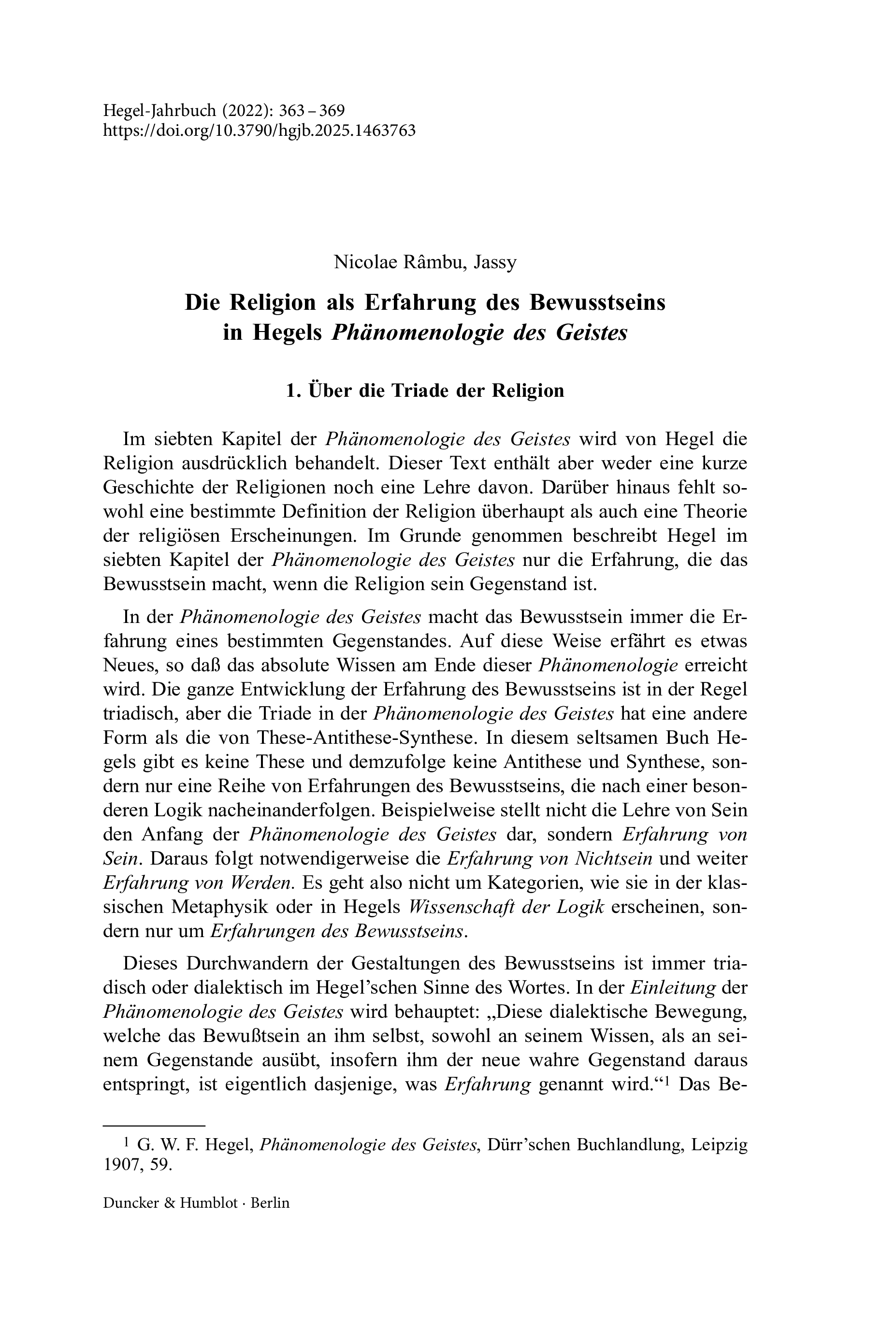 Die Religion als Erfahrung des Bewusstseins in Hegels Phänomenologie des Geistes
