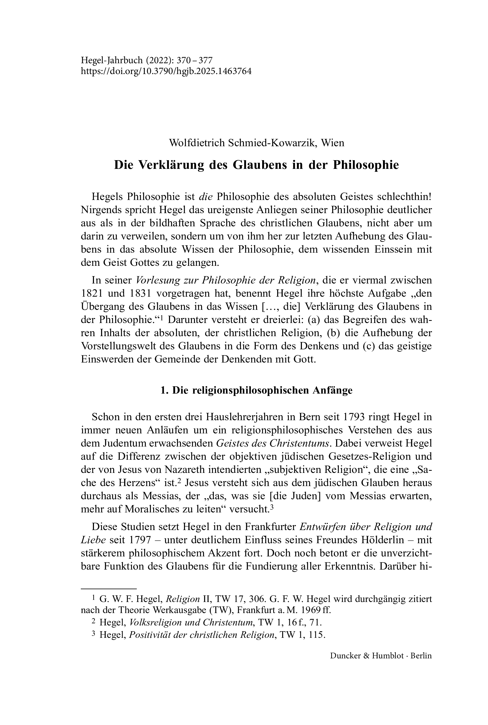 Die Verklärung des Glaubens in der Philosophie