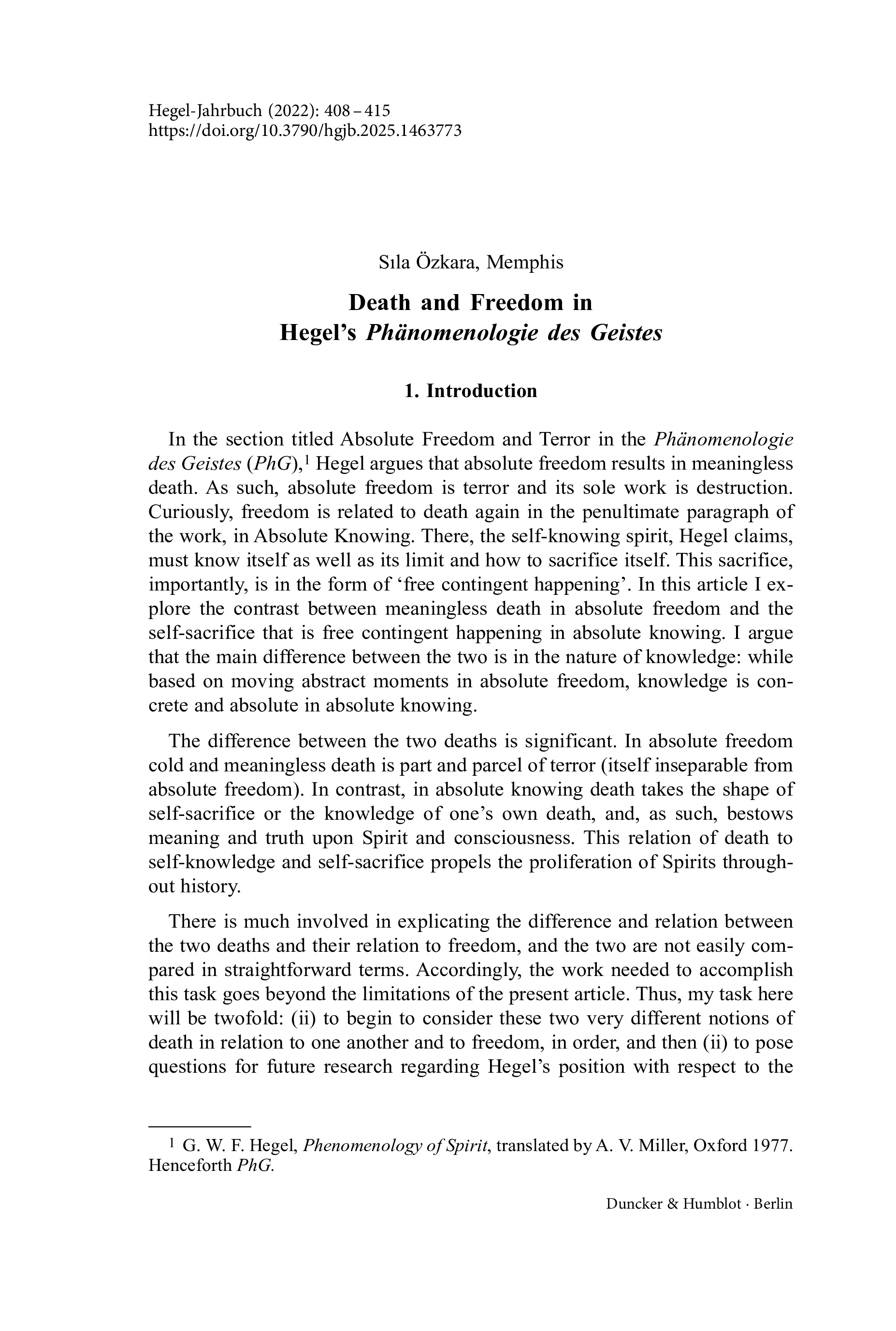 Death and Freedom in Hegel’s Phänomenologie des Geistes