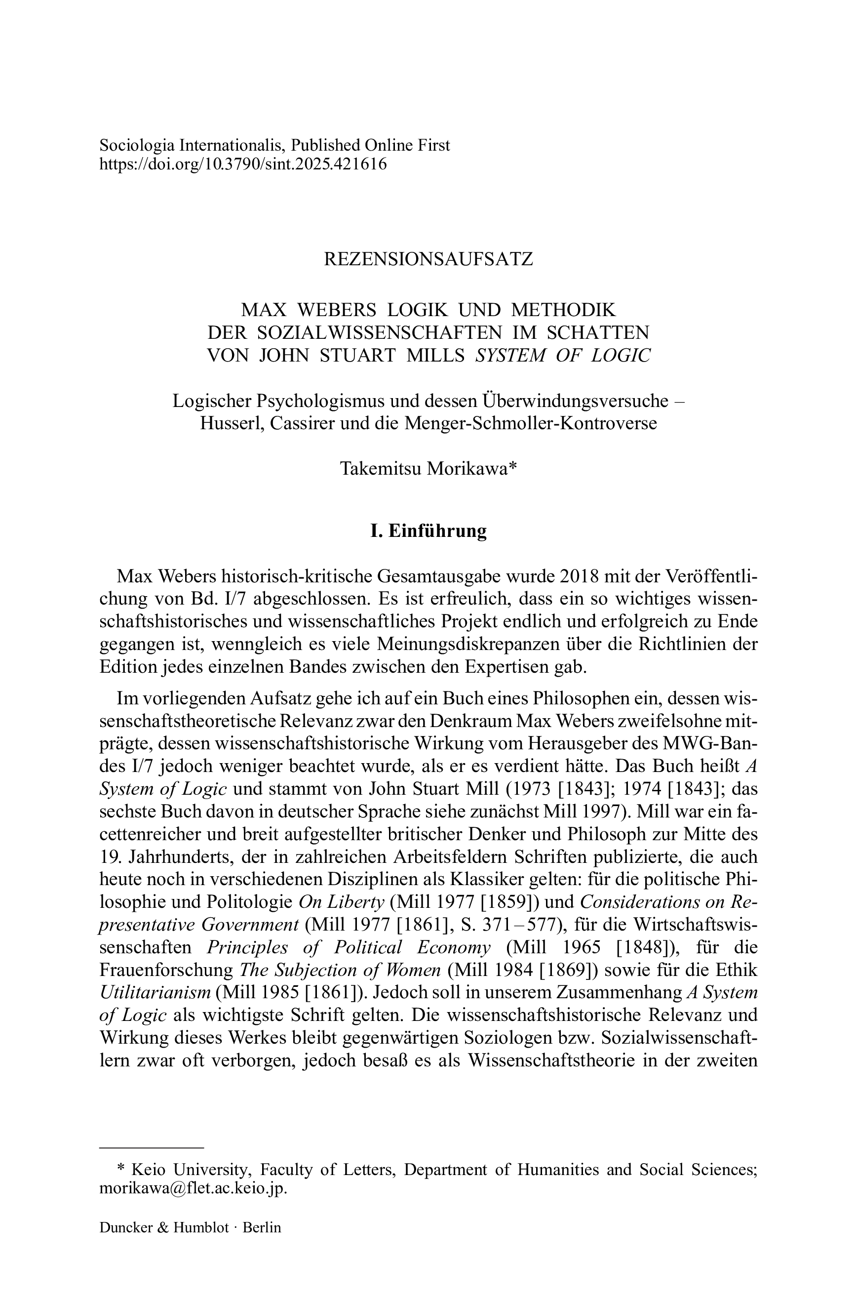 Max Webers Logik und Methodik der Sozialwissenschaften im Schatten von John Stuart Mills System of Logic