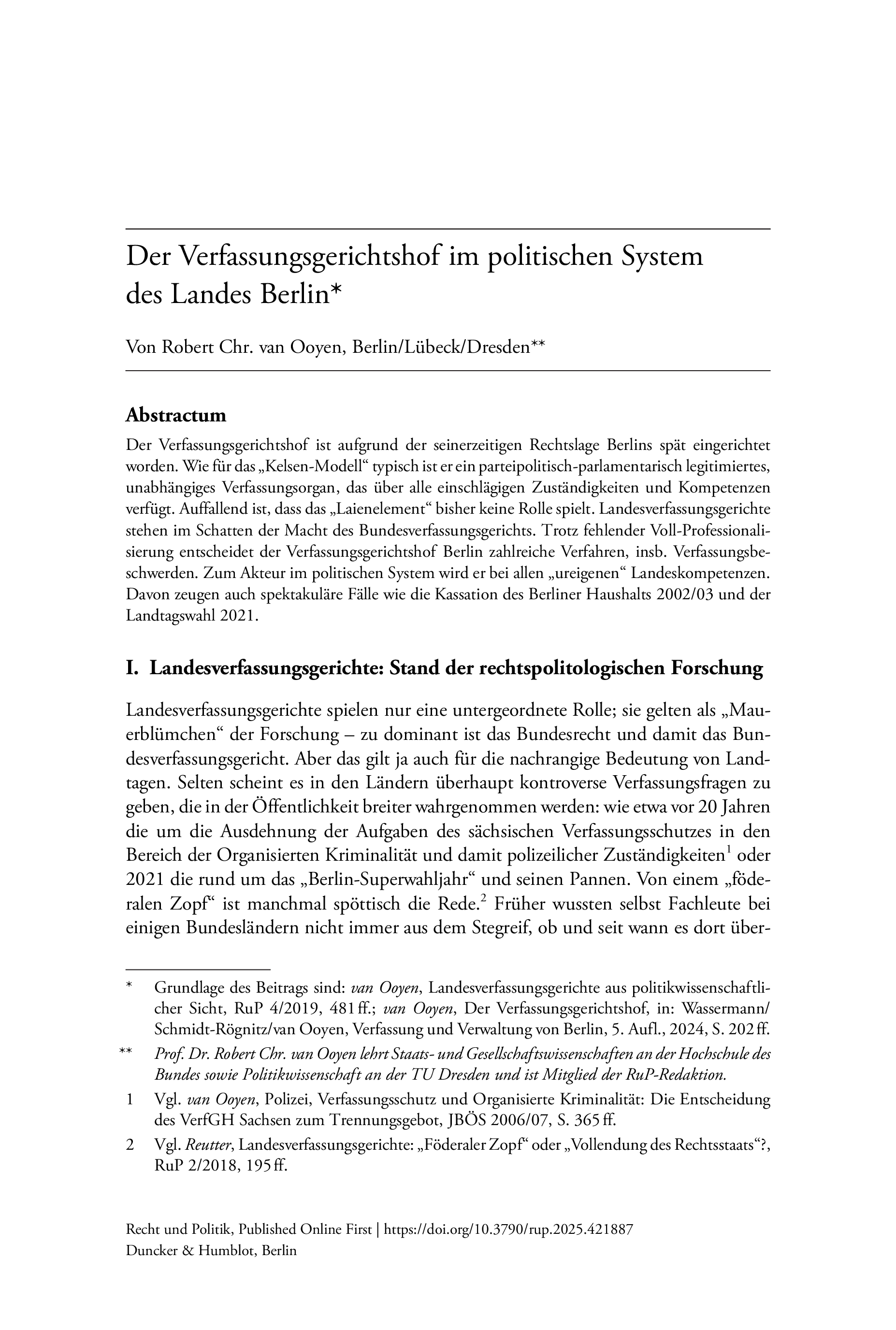 Der Verfassungsgerichtshof im politischen System des Landes Berlin