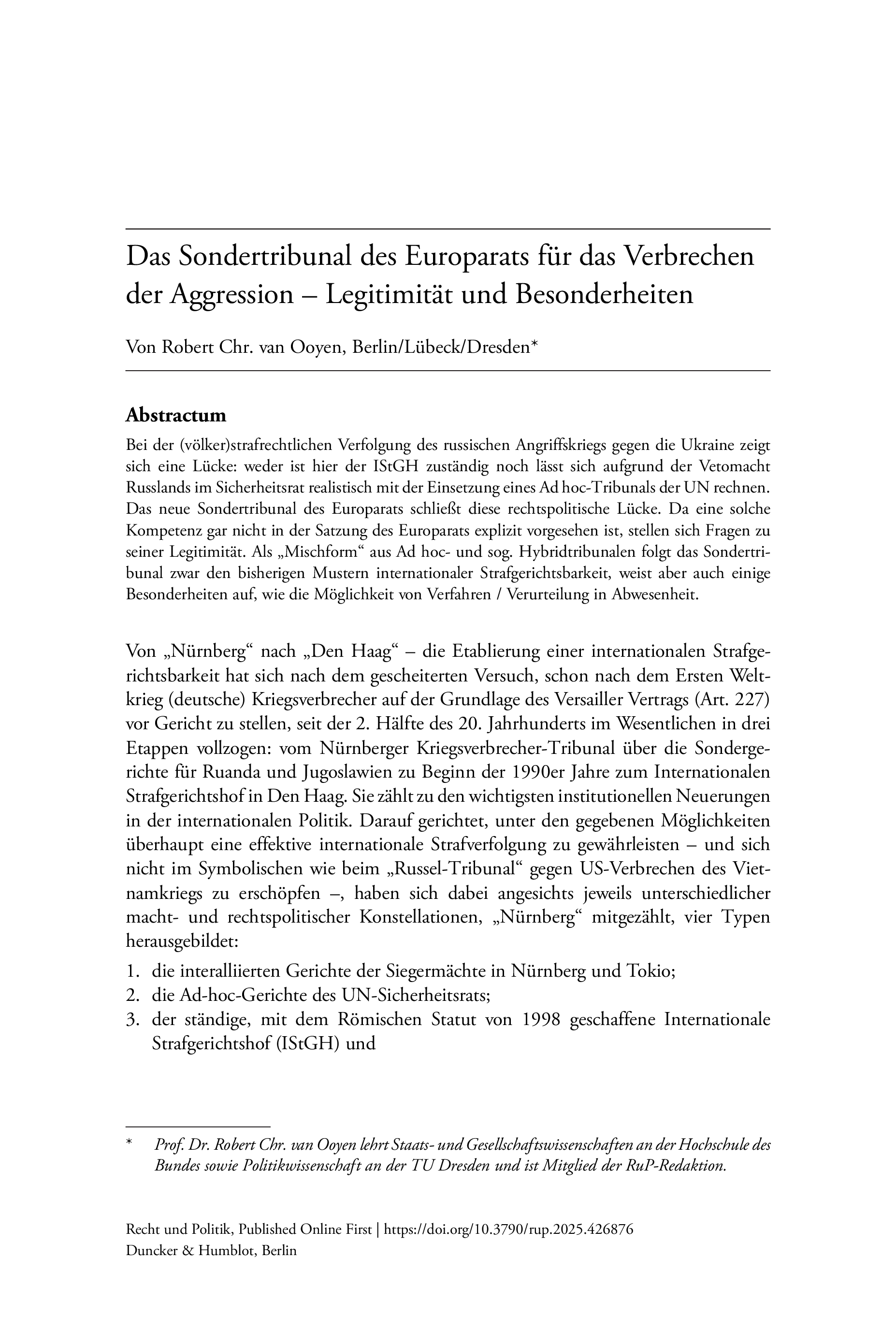 Das Sondertribunal des Europarats für das Verbrechen der Aggression – Legitimität und Besonderheiten