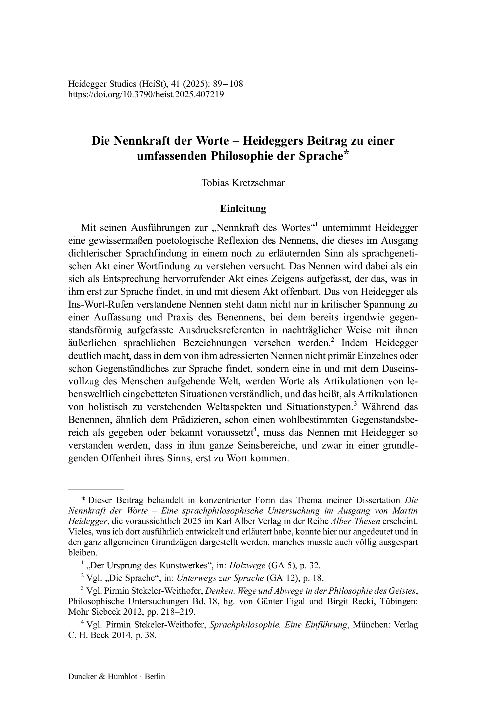 Die Nennkraft der Worte – Heideggers Beitrag zu einer umfassenden Philosophie der Sprache