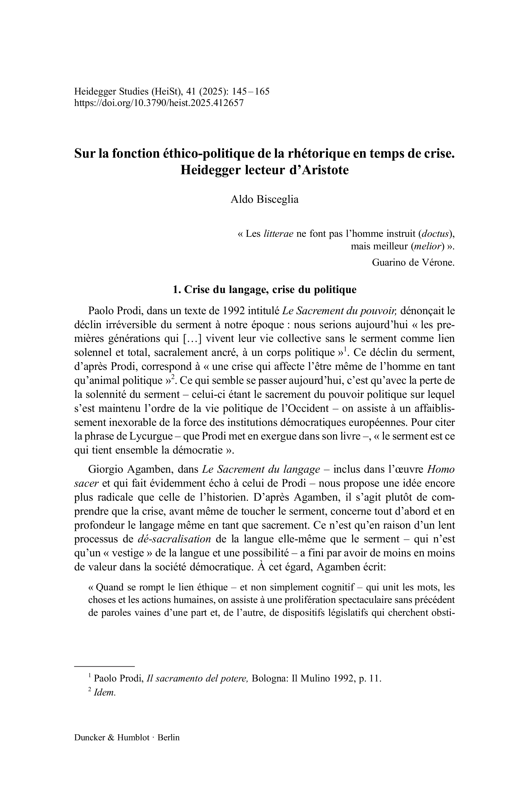 Sur la fonction éthico-politique de la rhétorique en temps de crise. Heidegger lecteur d’Aristote