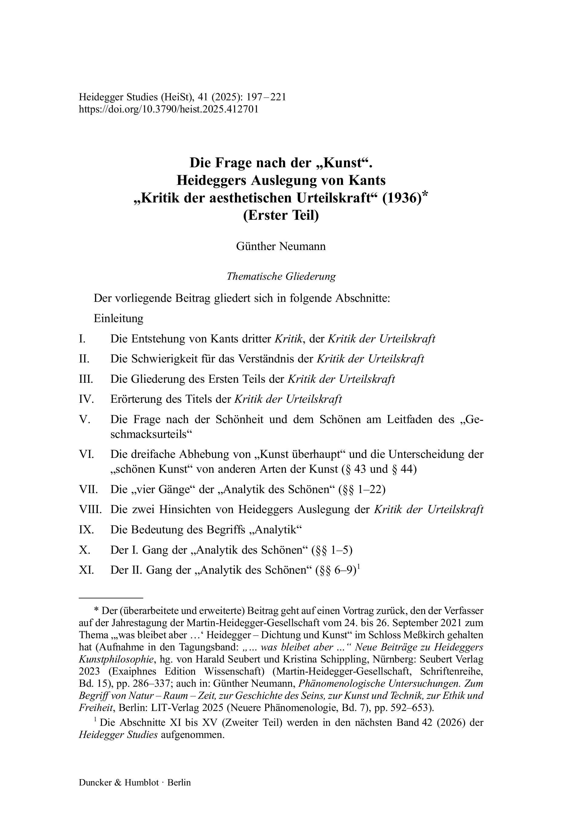 Die Frage nach der „Kunst“. Heideggers Auslegung von Kants „Kritik der aesthetischen Urteilskraft“ (1936) (Erster Teil)