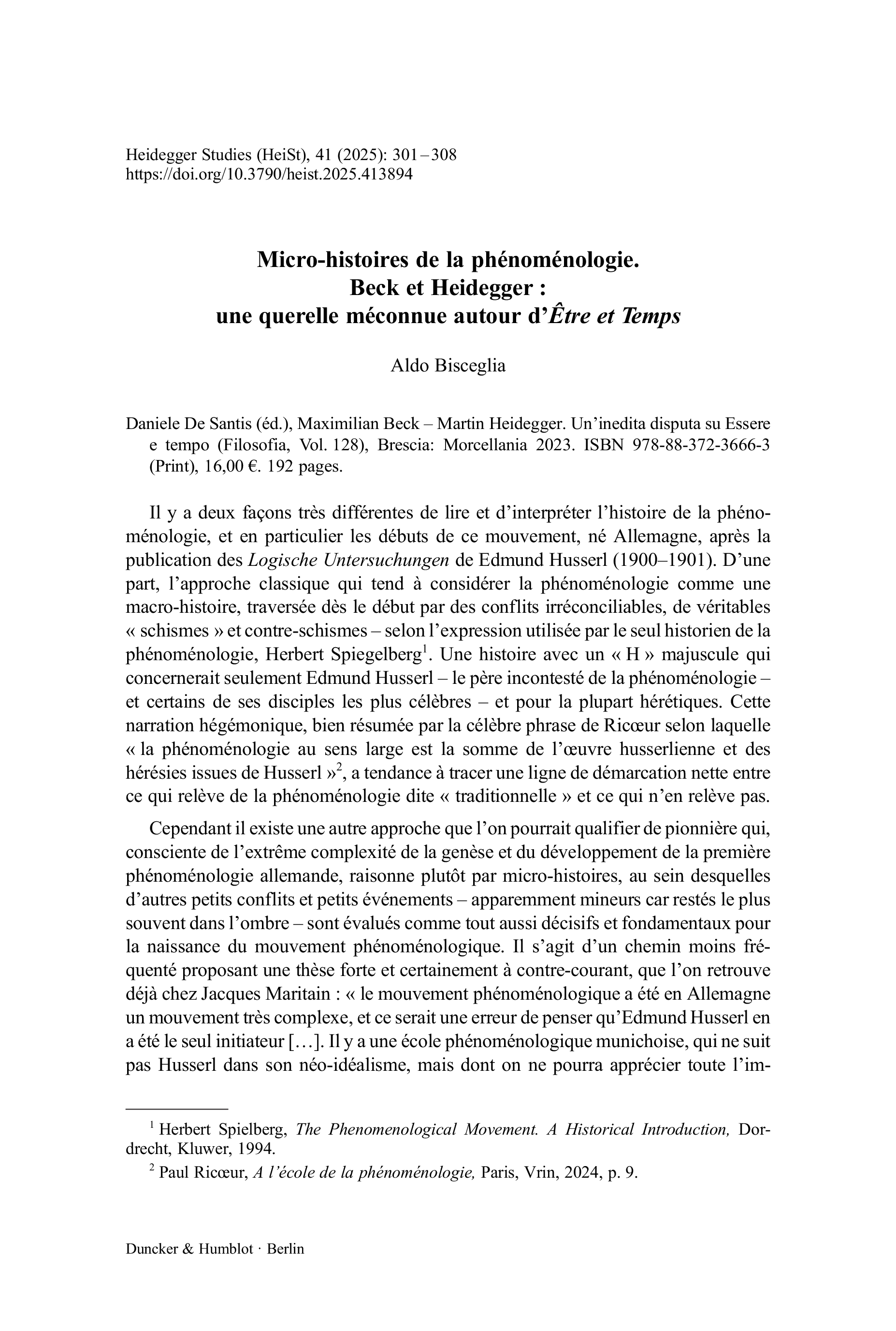 Micro-histoires de la phénoménologie. Beck et Heidegger : une querelle méconnue autour d’Être et Temps