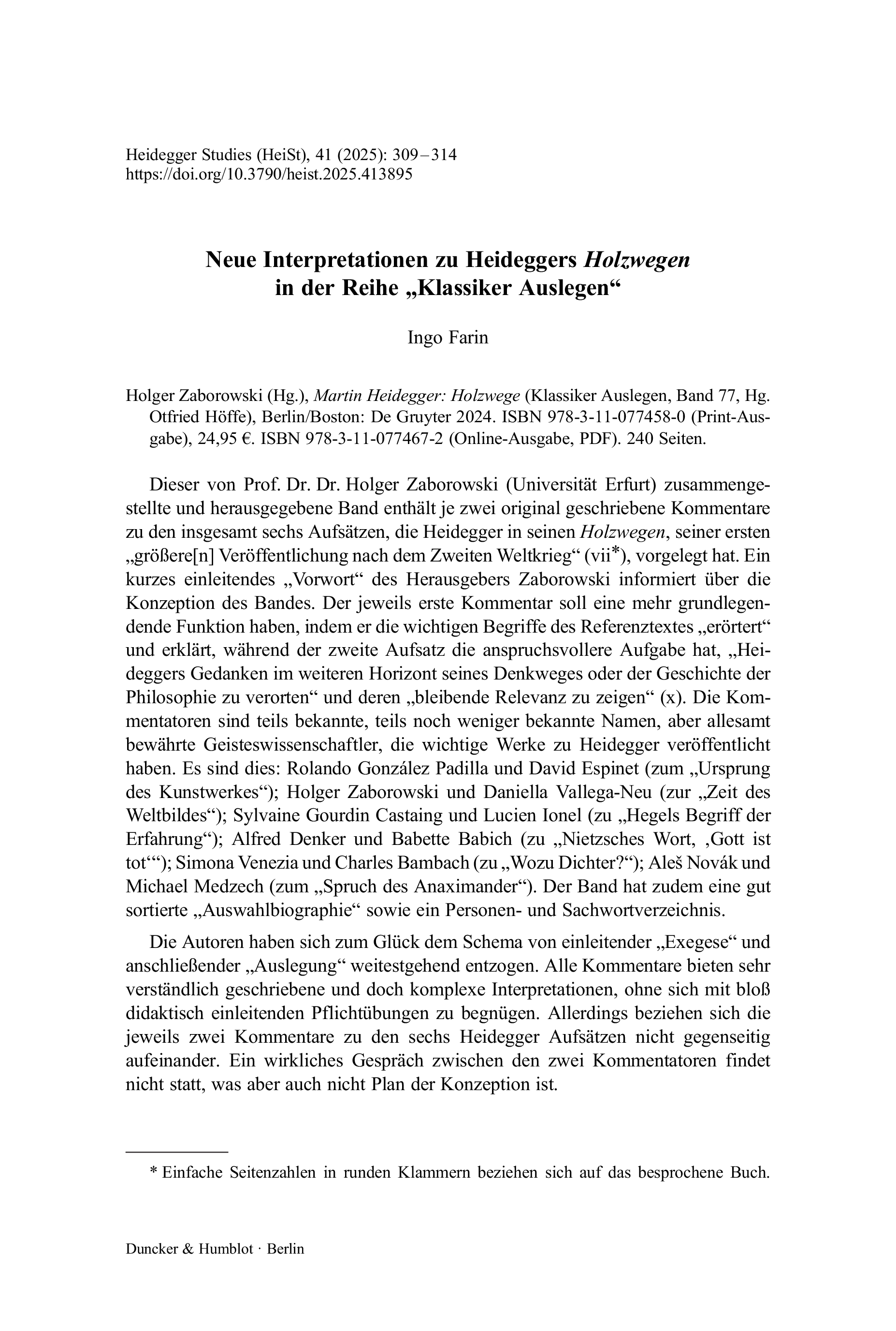 Neue Interpretationen zu Heideggers Holzwegen in der Reihe „Klassiker Auslegen“