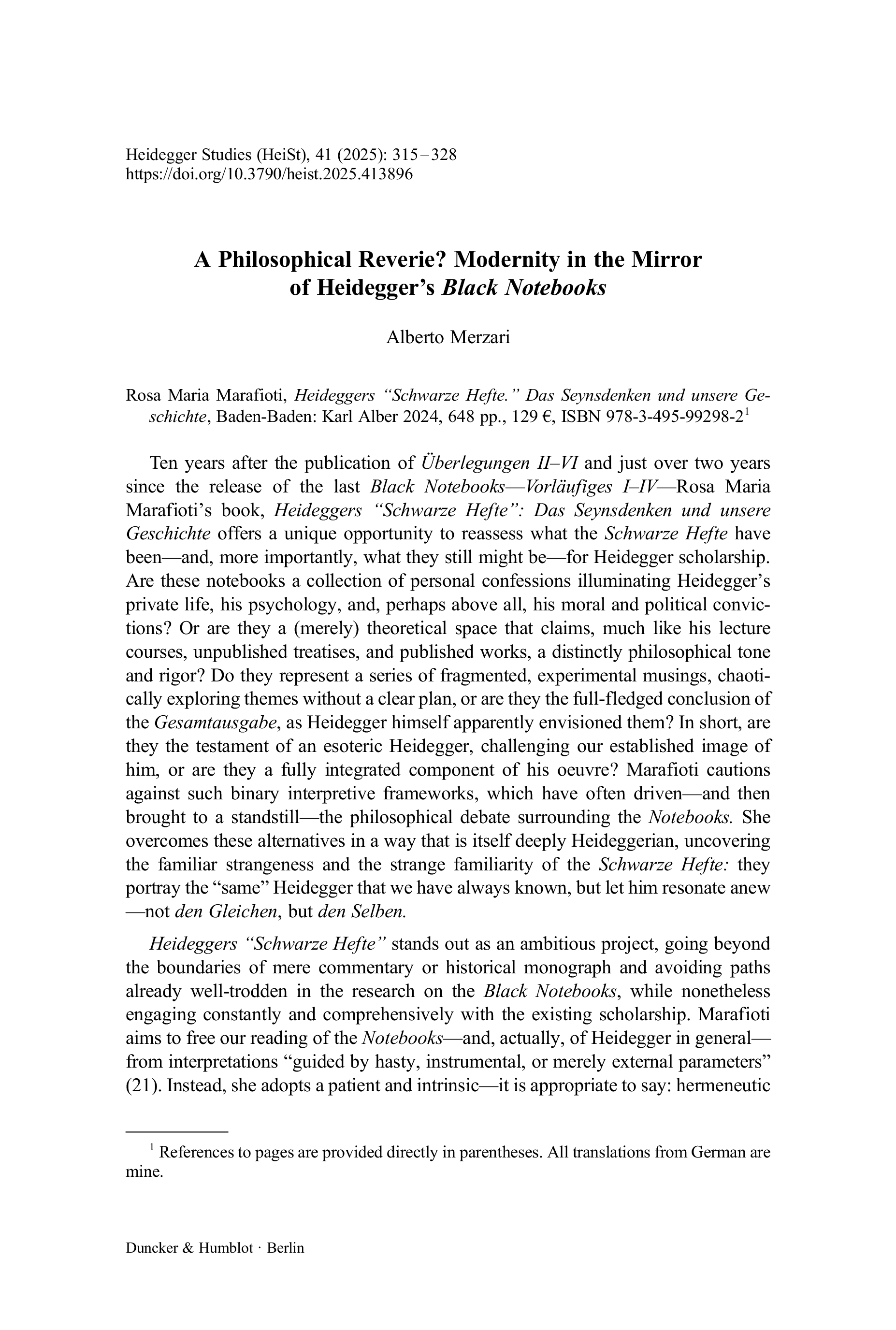 A Philosophical Reverie? Modernity in the Mirror of Heidegger’s Black Notebooks