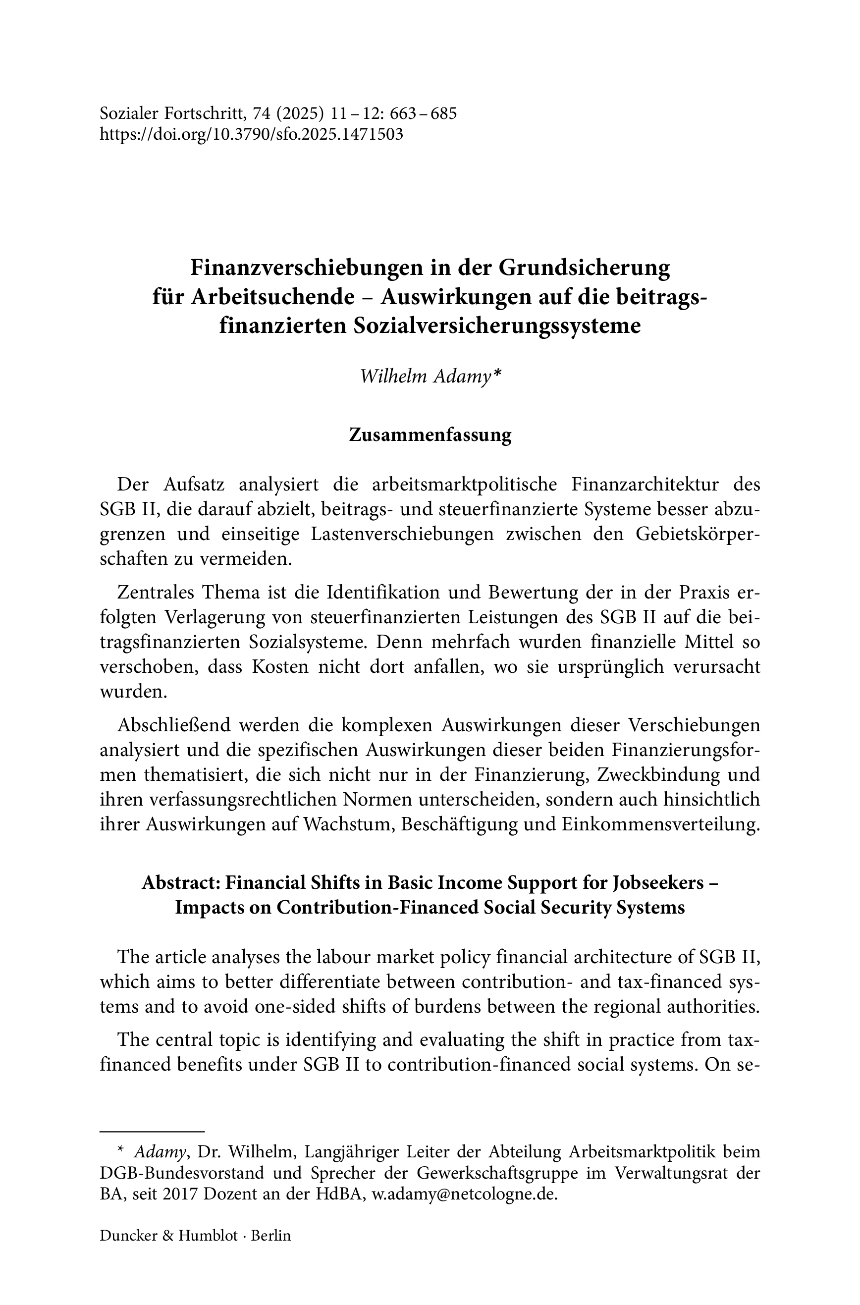 Finanzverschiebungen in der Grundsicherung für Arbeitsuchende – Auswirkungen auf die beitragsfinanzierten Sozialversicherungssysteme