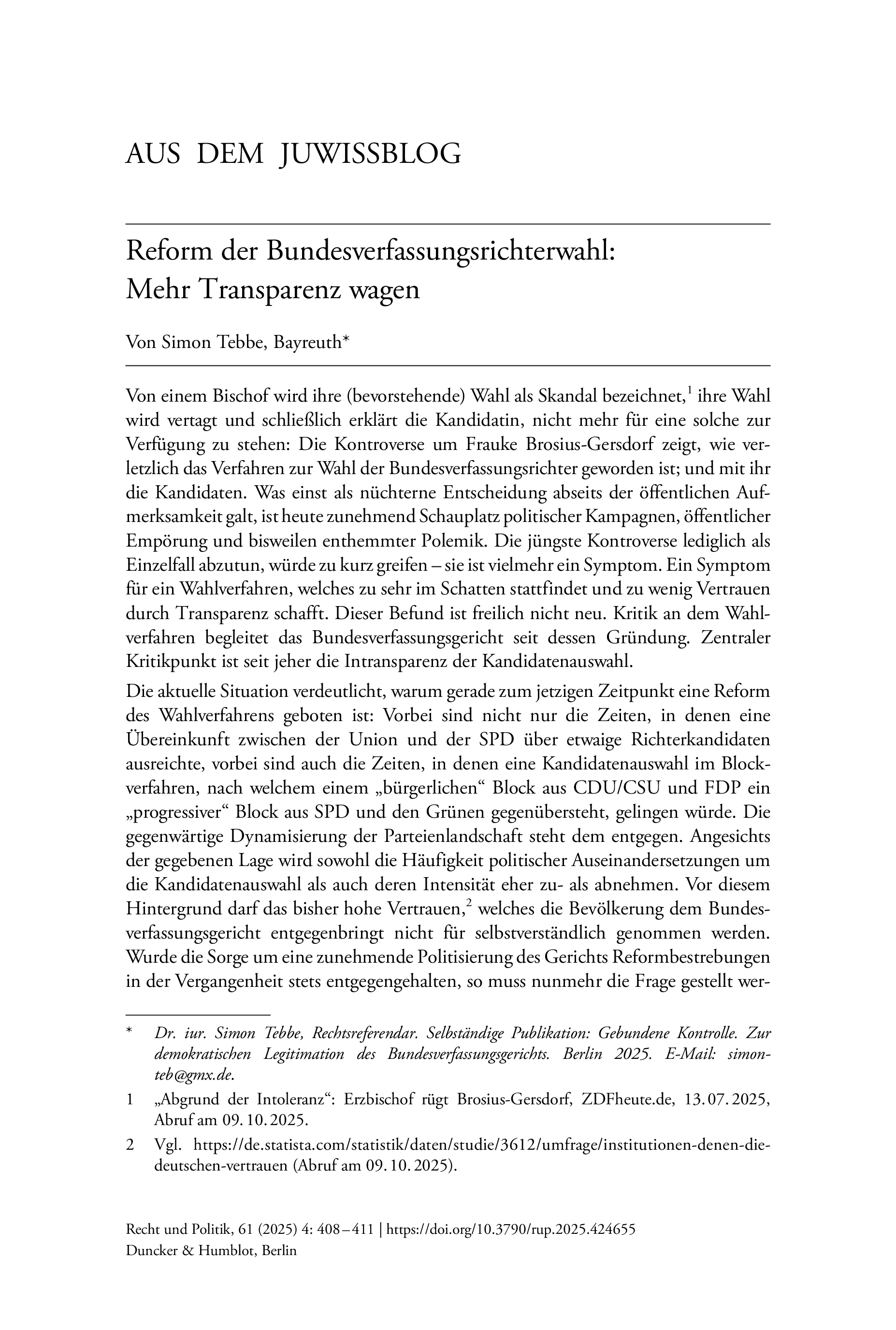 Reform der Bundesverfassungsrichterwahl: Mehr Transparenz wagen