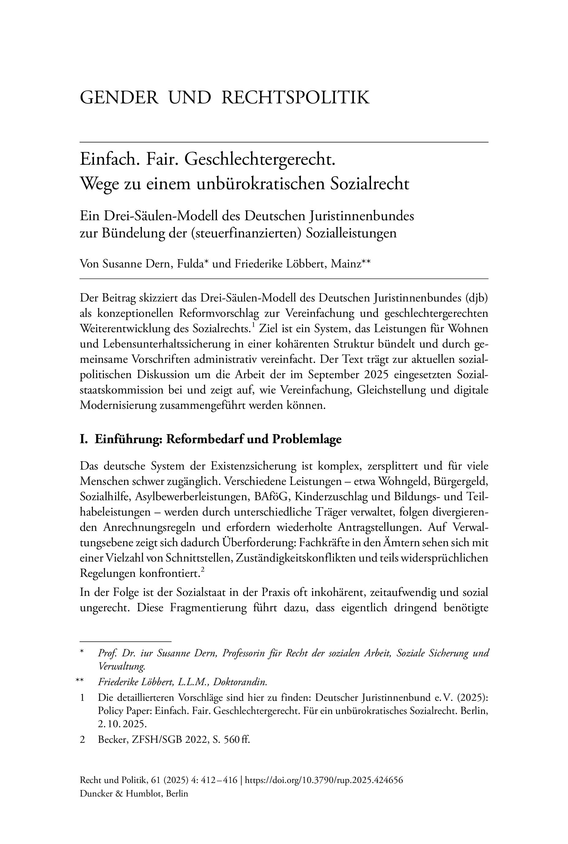 Einfach. Fair. Geschlechtergerecht. Wege zu einem unbürokratischen Sozialrecht