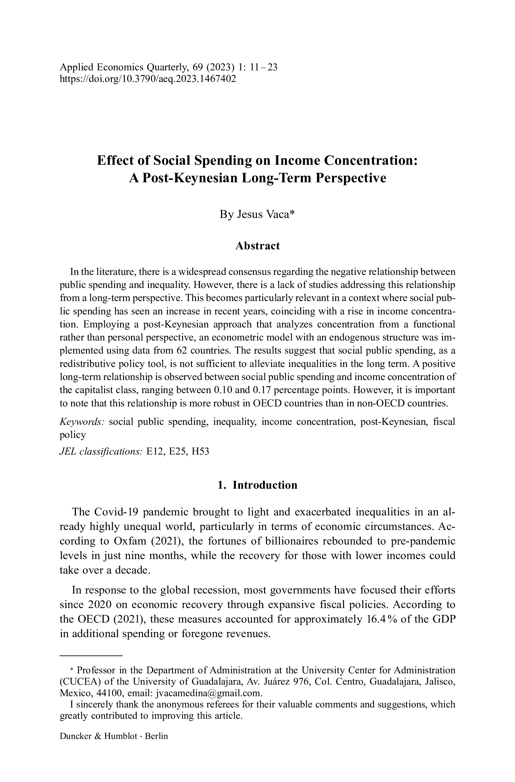 Effect of Social Spending on Income Concentration: A Post-Keynesian Long-Term Perspective