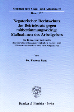 Negatorischer Rechtsschutz des Betriebsrats gegen mitbestimmungswidrige Maßnahmen des Arbeitgebers Negatorischer Rechtsschutz des Betriebsrats gegen mitbestimmungswidrige Maßnahmen des Arbeitgebers