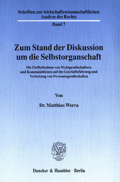 Zum Stand der Diskussion um die Selbstorganschaft Zum Stand der Diskussion um die Selbstorganschaft